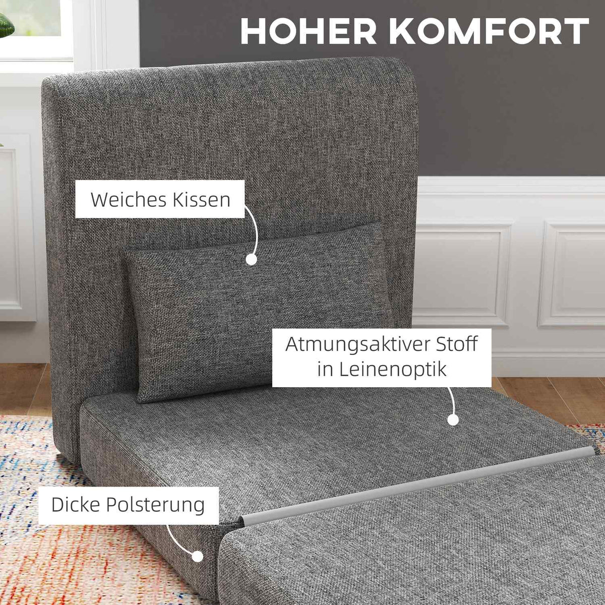 Floor chair 2-in-1 folding sofa bed with linen look, padded floor chair can hold up to 240 kg for living room, bedroom, gray