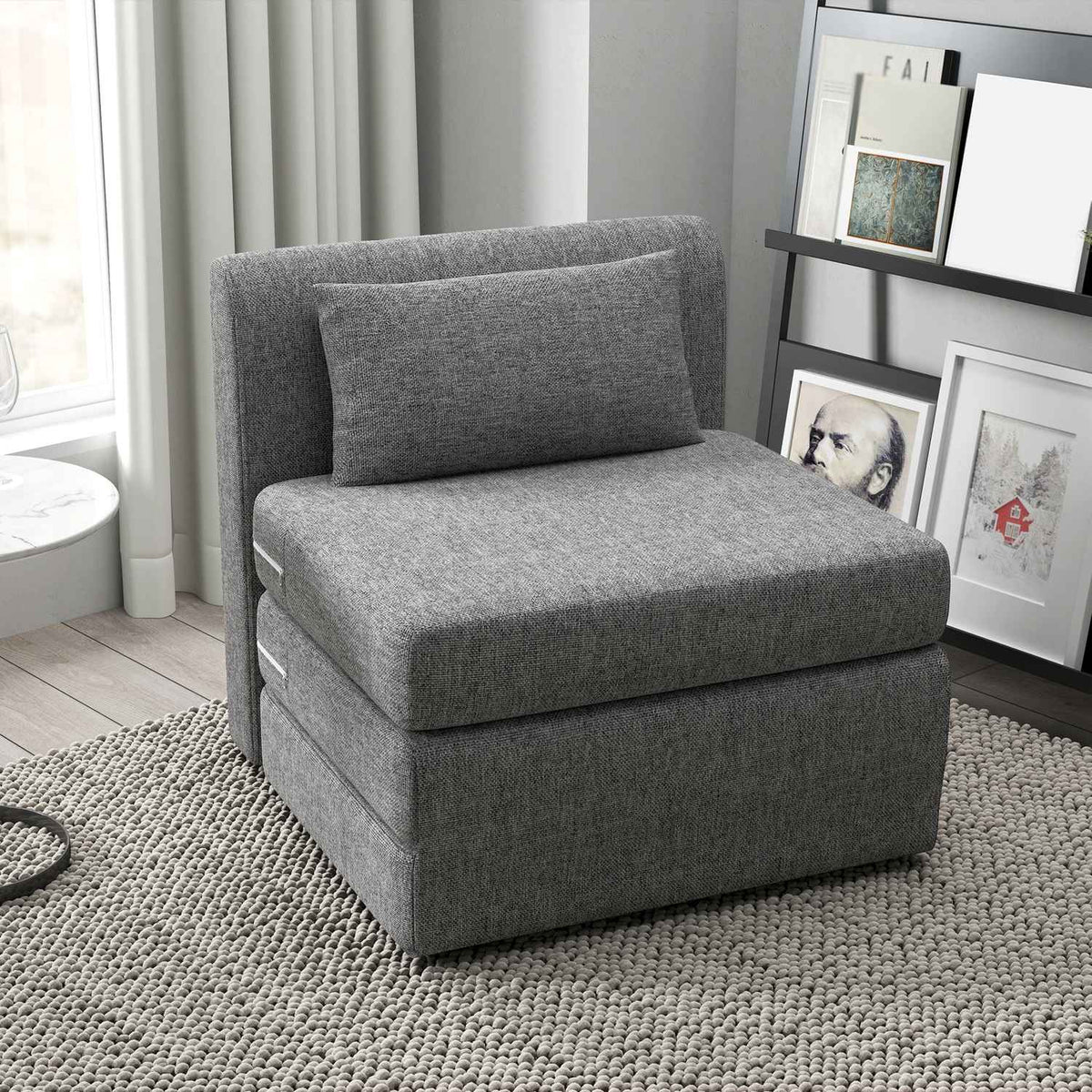 Floor chair 2-in-1 folding sofa bed with linen look, padded floor chair can hold up to 240 kg for living room, bedroom, gray