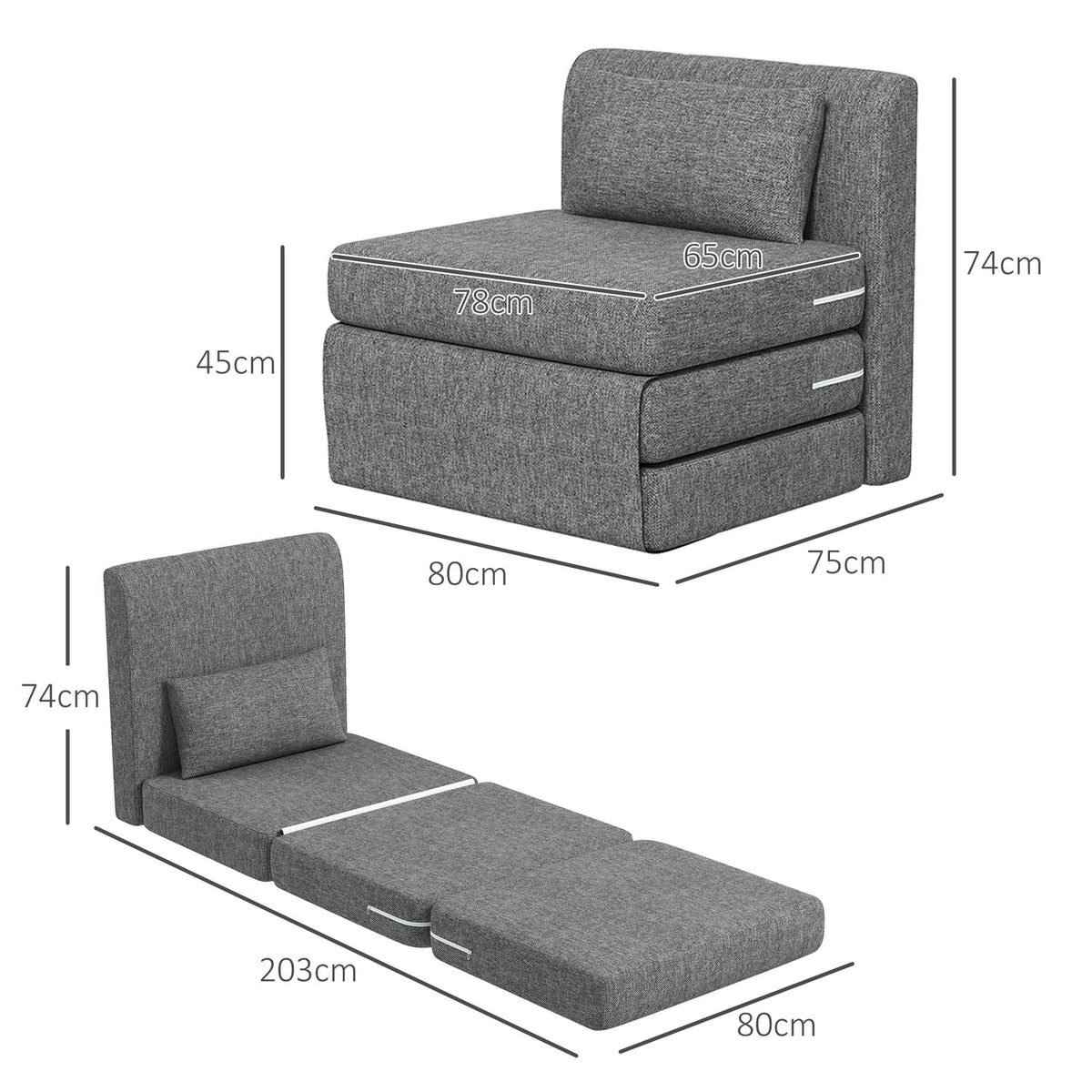 Floor chair 2-in-1 folding sofa bed with linen look, padded floor chair can hold up to 240 kg for living room, bedroom, gray