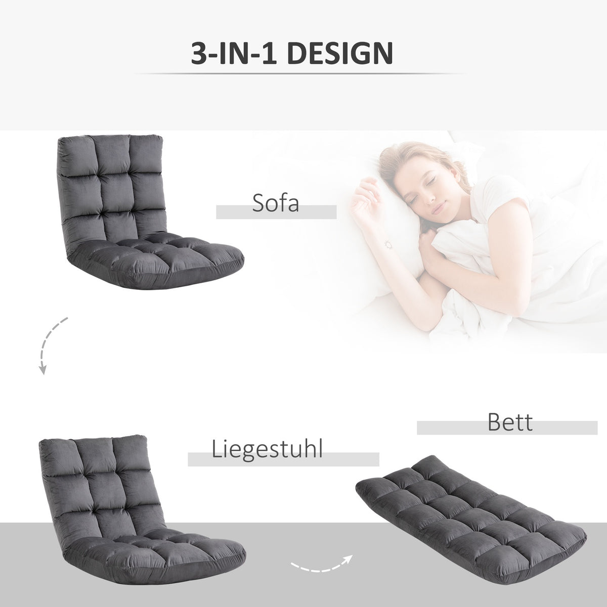 Floor chair 3-in-1 folding floor chair backrest 13 positions seat cushion gray metal foam 55x71x53.5cm