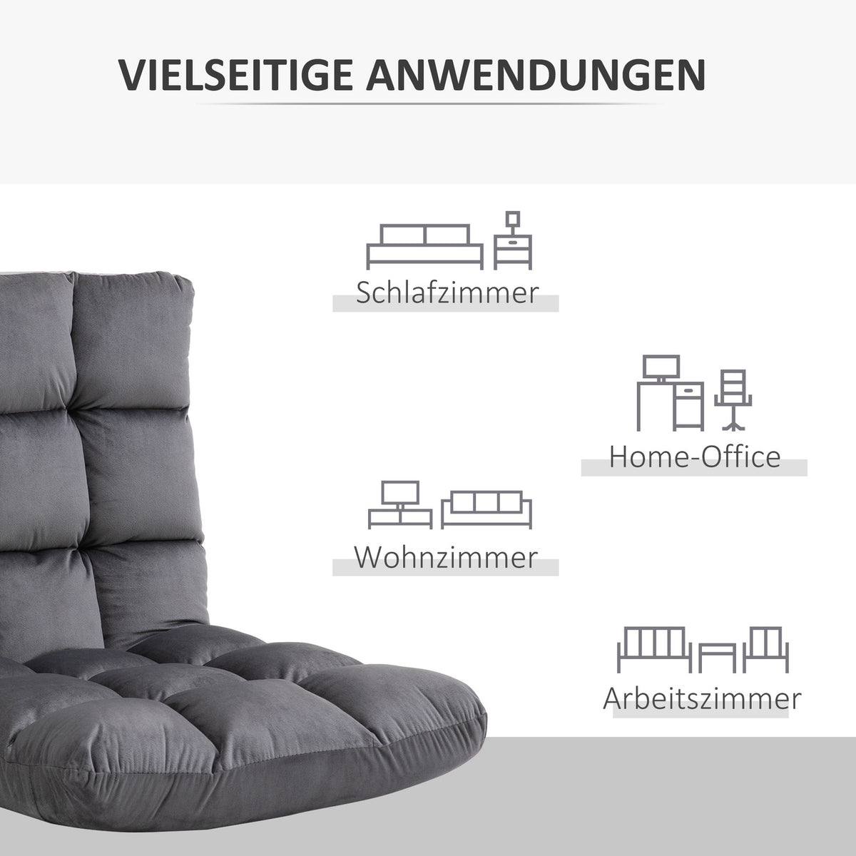 Floor chair 3-in-1 folding floor chair backrest 13 positions seat cushion gray metal foam 55x71x53.5cm