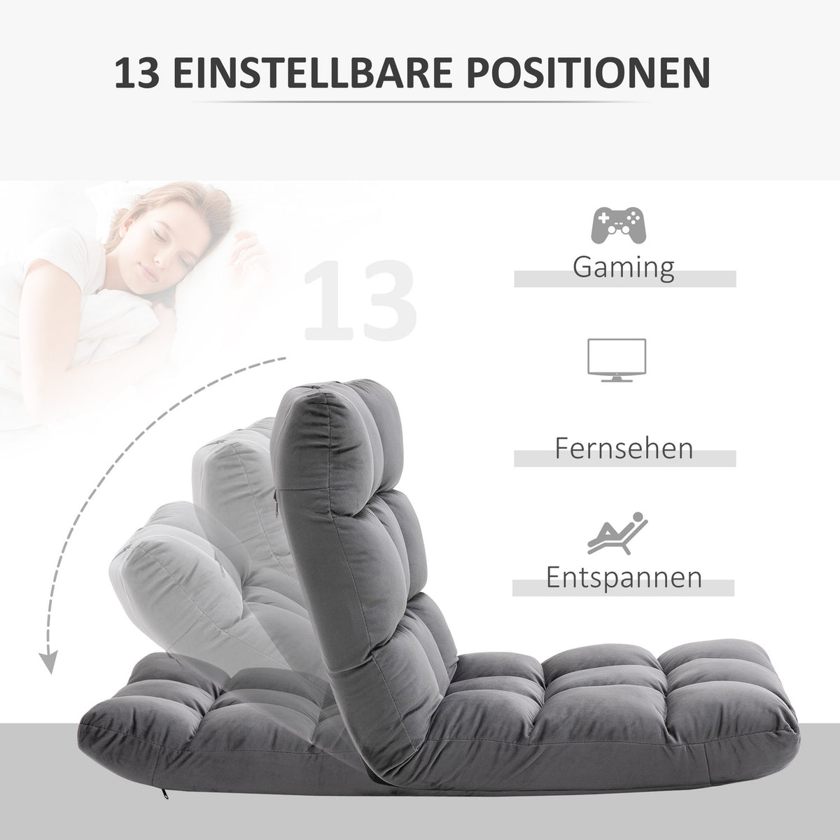 Floor chair 3-in-1 folding floor chair backrest 13 positions seat cushion gray metal foam 55x71x53.5cm