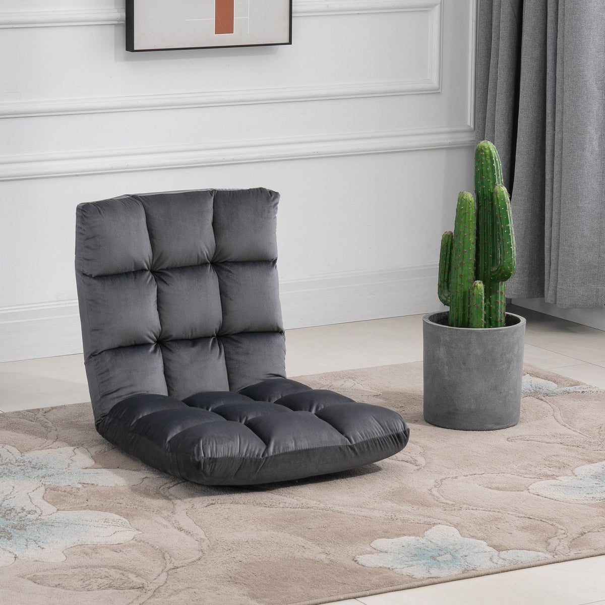 Floor chair 3-in-1 folding floor chair backrest 13 positions seat cushion gray metal foam 55x71x53.5cm