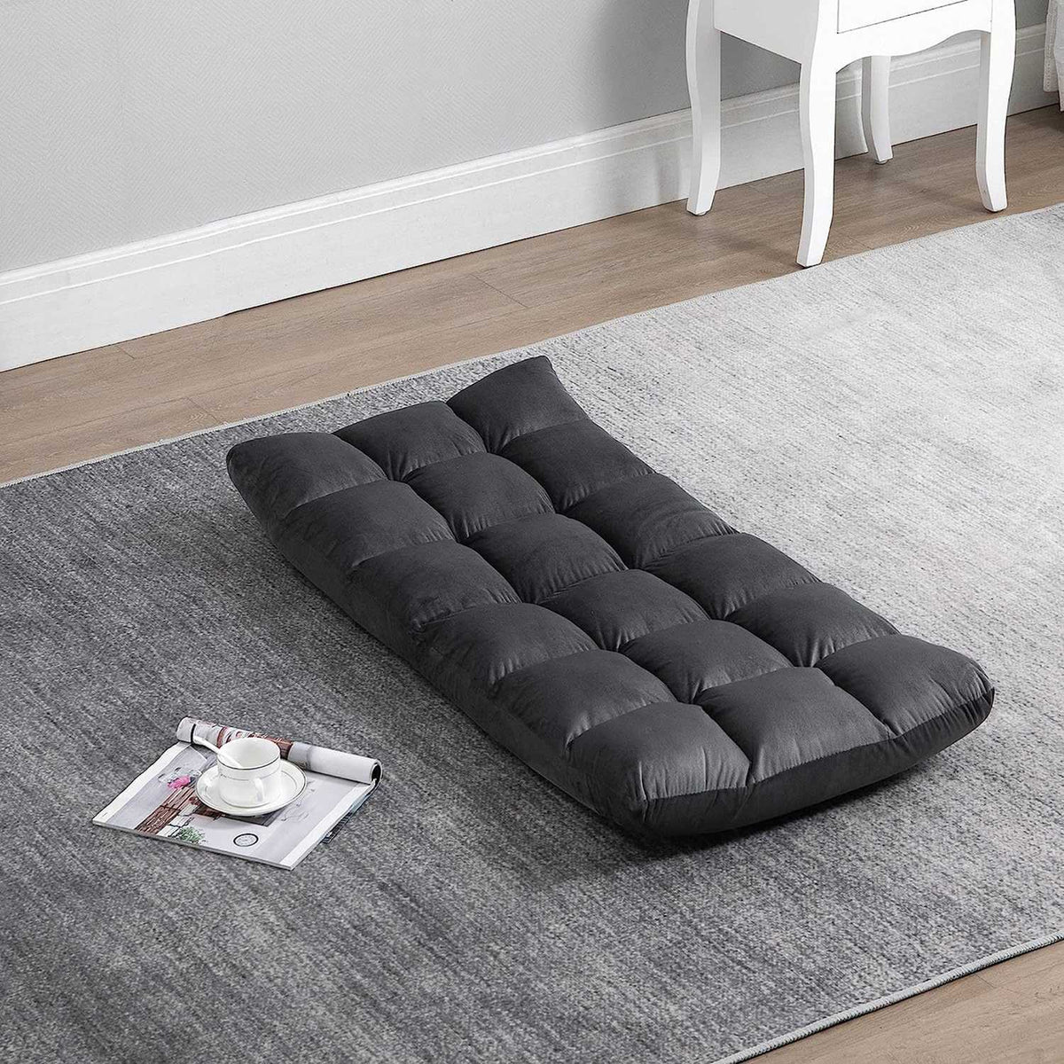 Floor chair 3-in-1 folding floor chair backrest 13 positions seat cushion gray metal foam 55x71x53.5cm