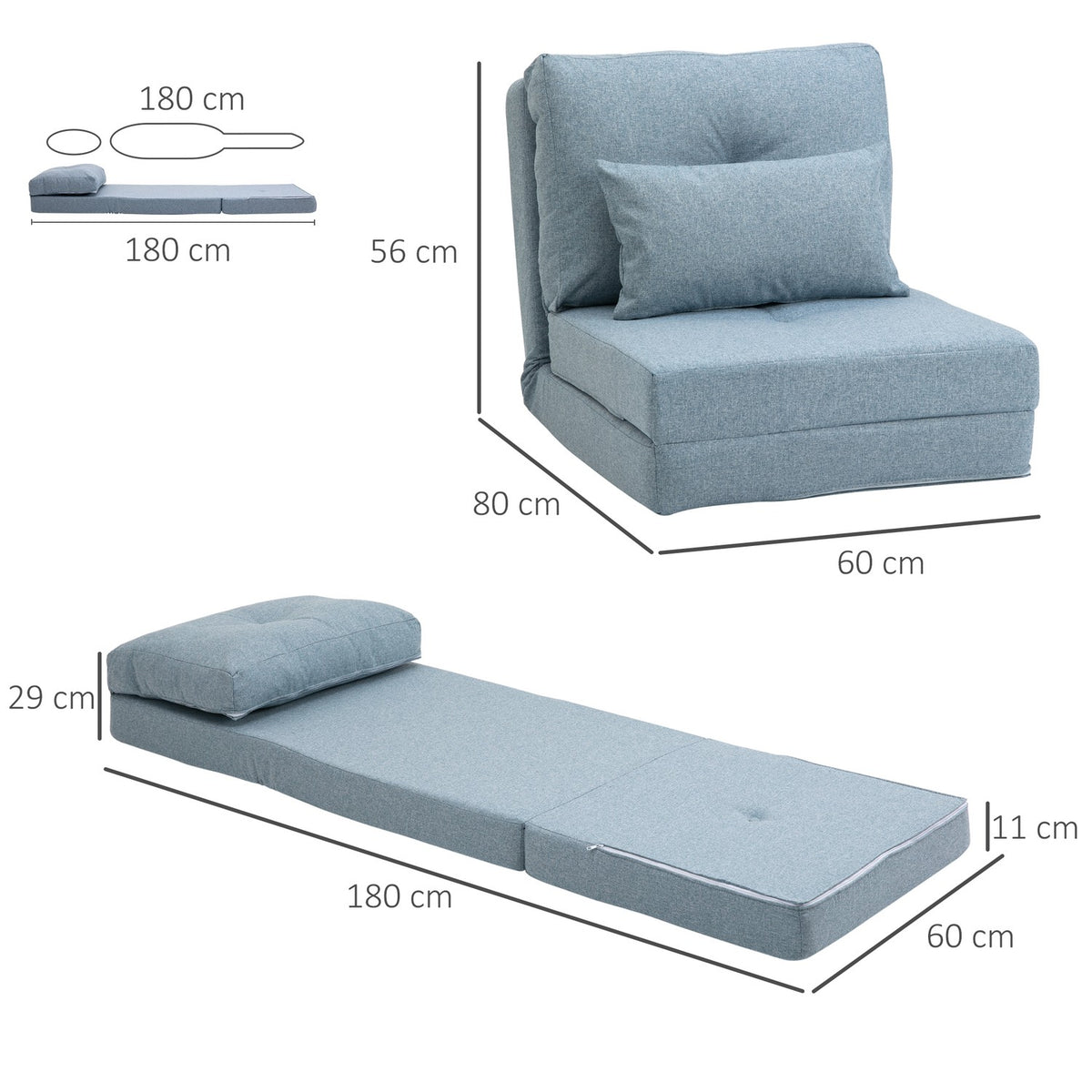Floor chair folding mattress sleeping mat, 2-in-1 design, removable pillow, 60 x 80 x 56 cm, sky blue