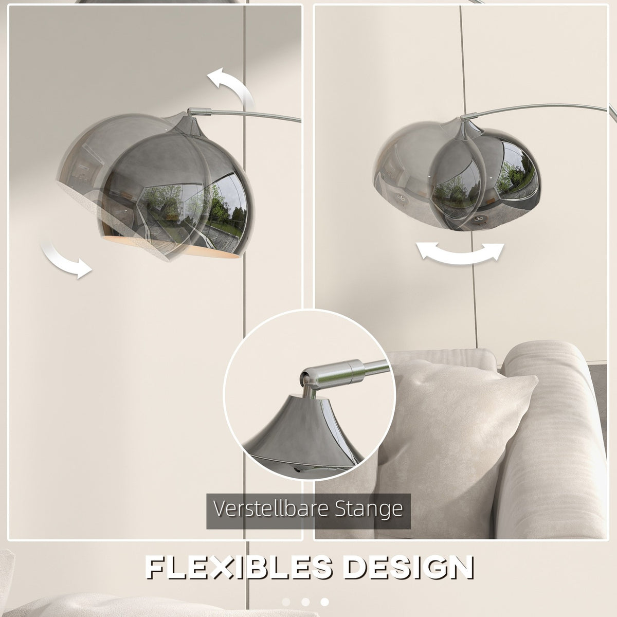 Floor lamp, 40 W, 100-115L x 30W x 170-180H cm, height adjustable, swiveling, arc lamp with bulb, E27 base, silver