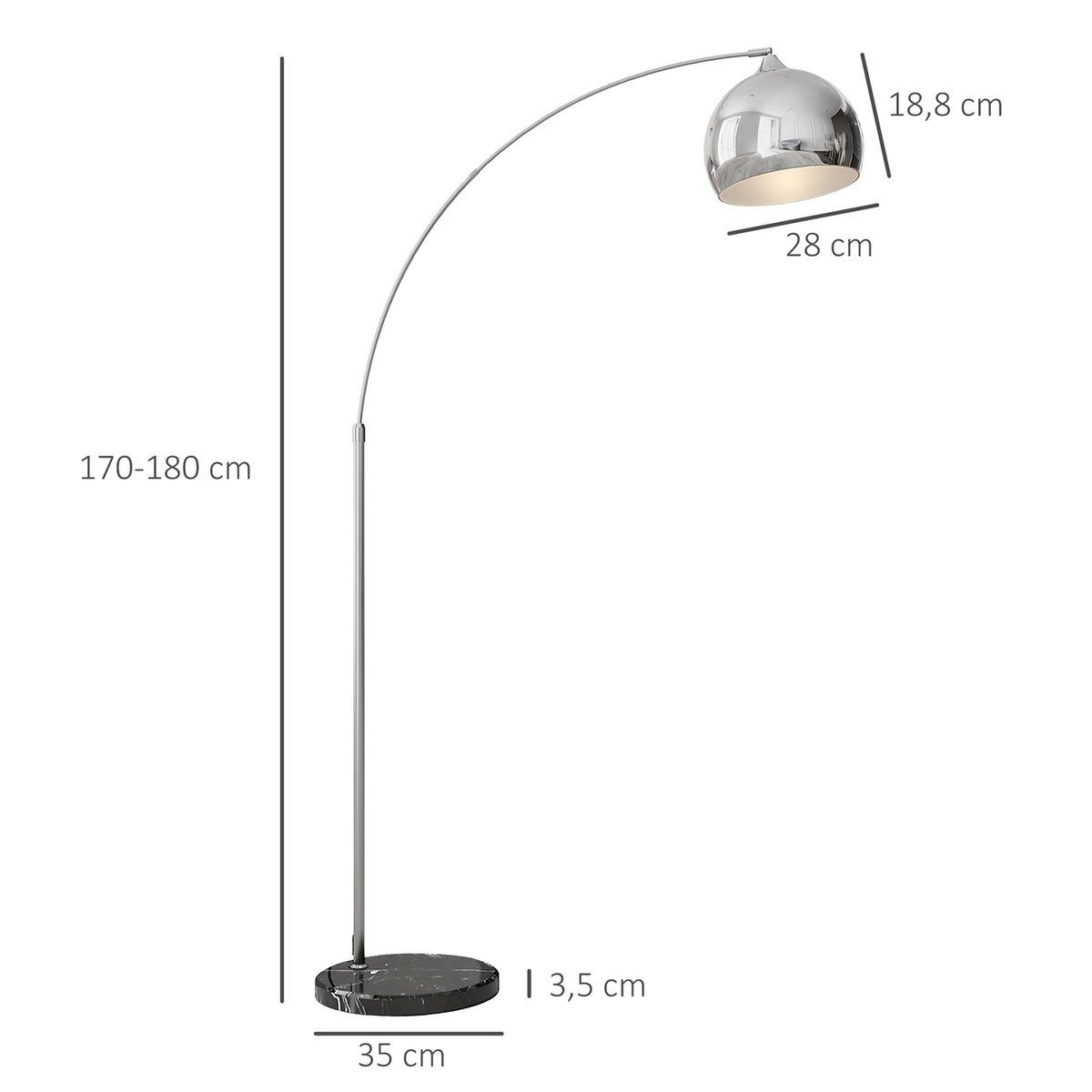 Floor lamp, 40 W, 100-115L x 30W x 170-180H cm, height adjustable, swiveling, arc lamp with bulb, E27 base, silver