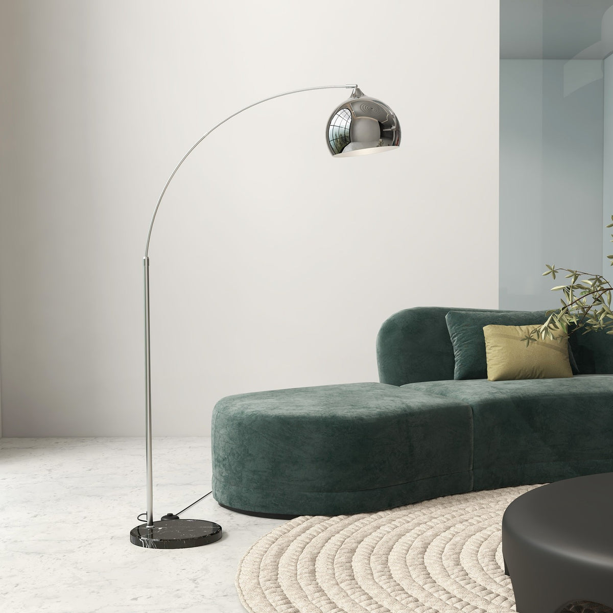 Floor lamp, 40 W, 100-115L x 30W x 170-180H cm, height adjustable, swiveling, arc lamp with bulb, E27 base, silver
