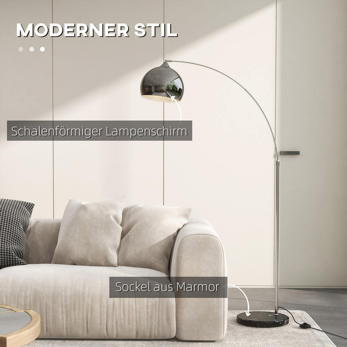 Floor lamp, 40 W, 100-115L x 30W x 170-180H cm, height adjustable, swiveling, arc lamp with bulb, E27 base, silver