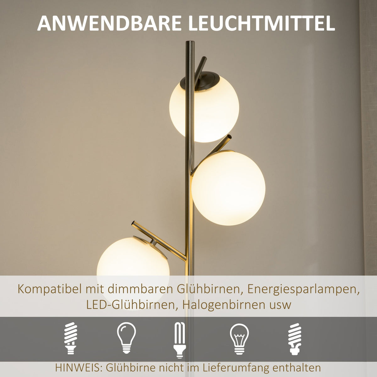 Floor lamp 40W floor lamp with E27 socket & 3 glass lampshades, silver + white, for living room, 169 cm