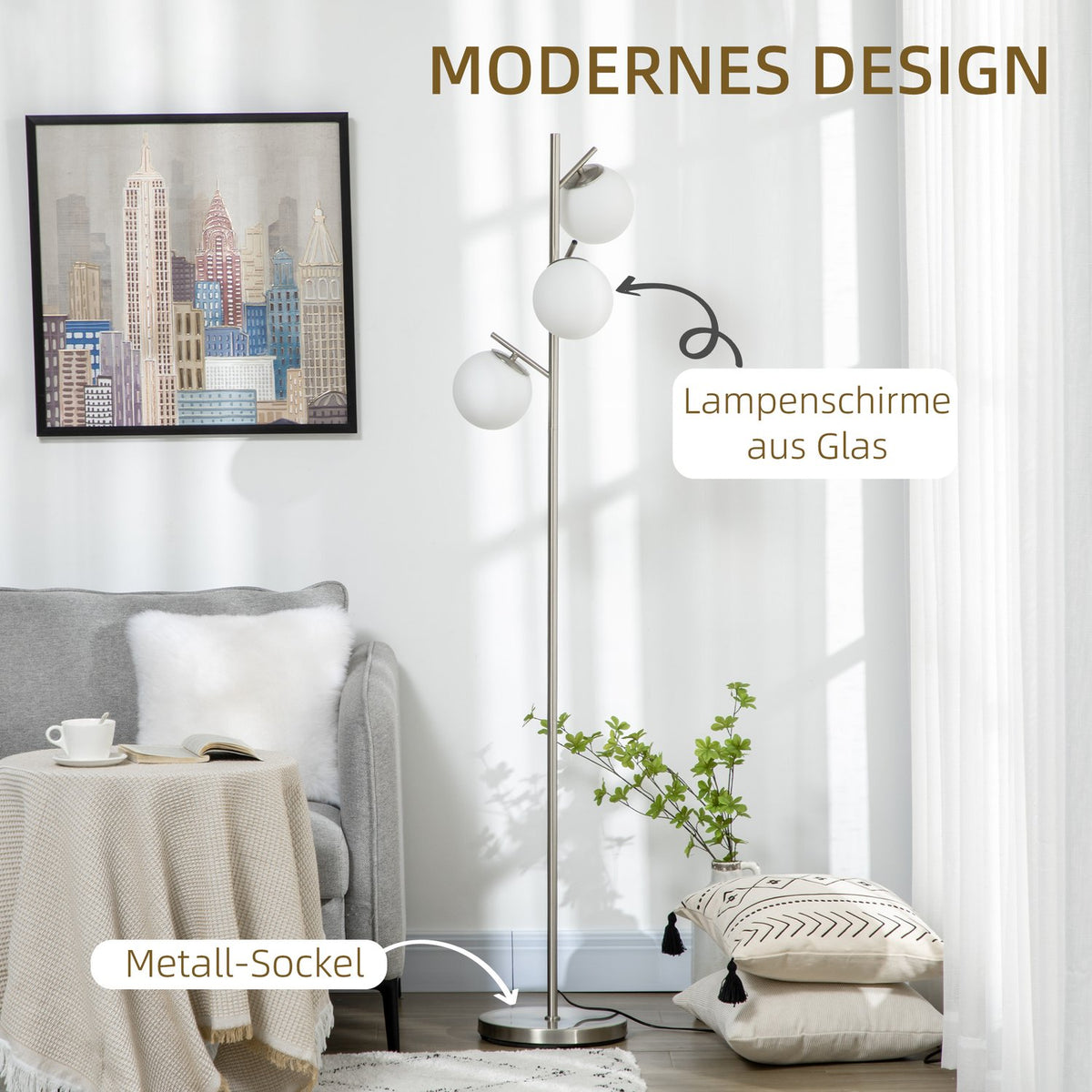 Floor lamp 40W floor lamp with E27 socket & 3 glass lampshades, silver + white, for living room, 169 cm