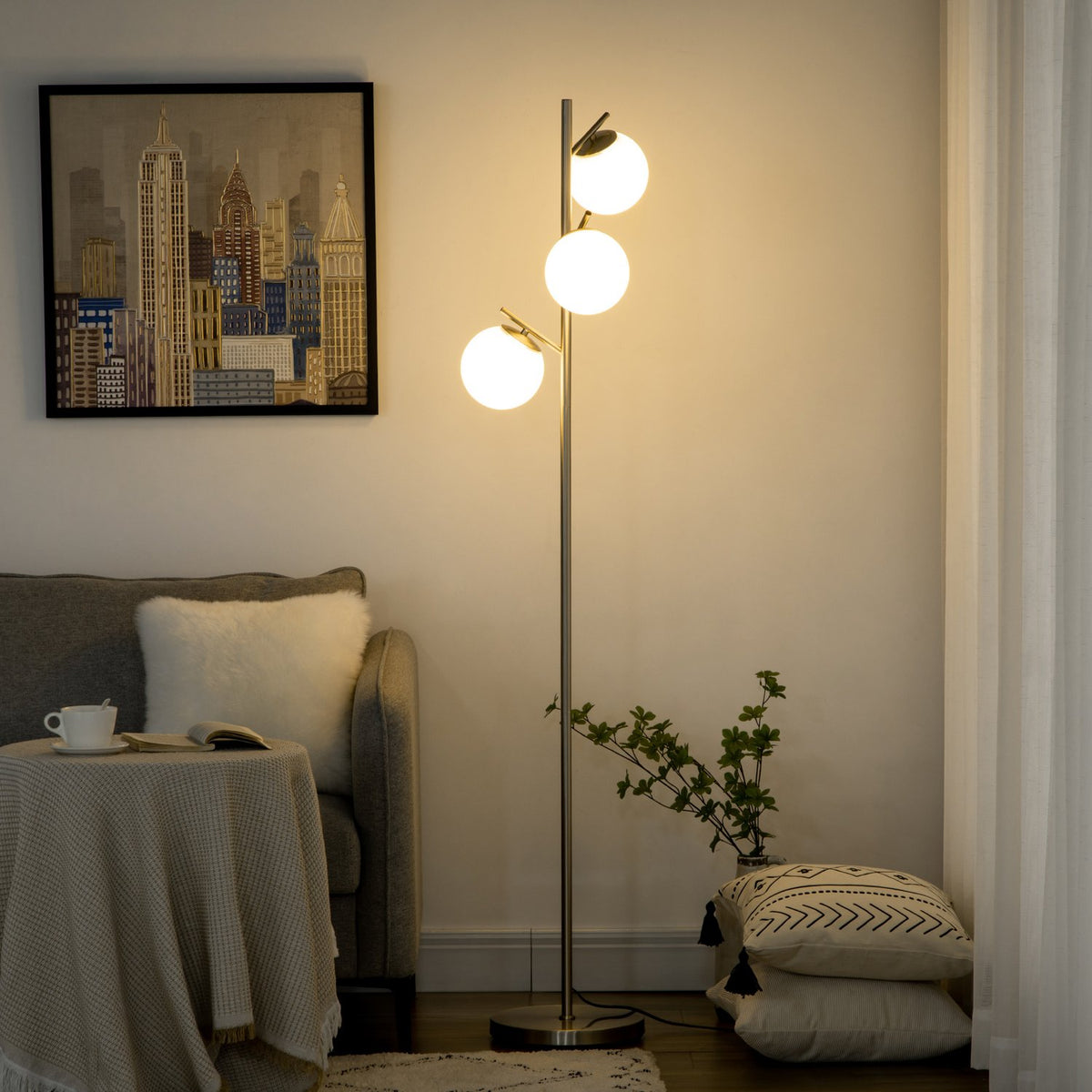 Floor lamp 40W floor lamp with E27 socket & 3 glass lampshades, silver + white, for living room, 169 cm