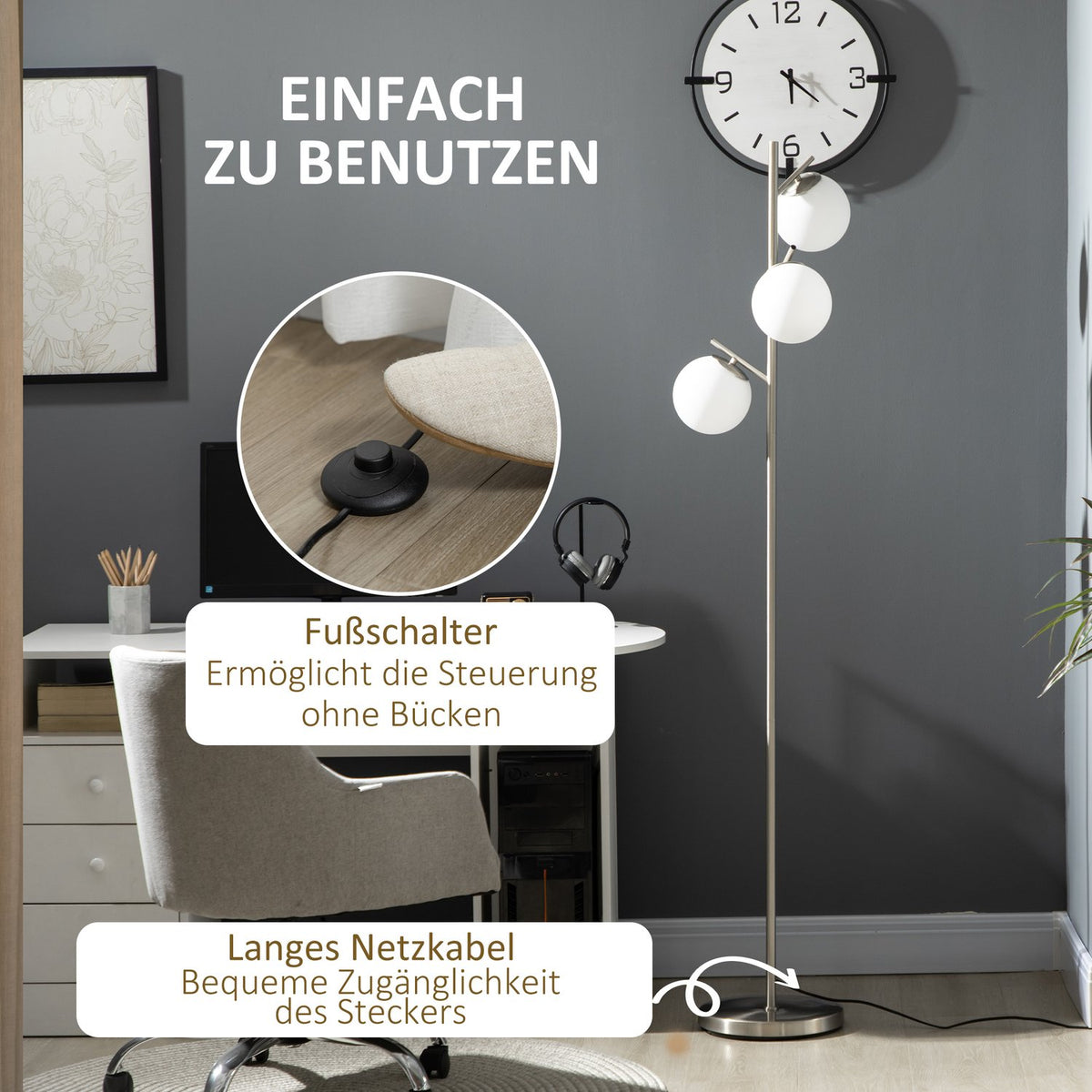Floor lamp 40W floor lamp with E27 socket & 3 glass lampshades, silver + white, for living room, 169 cm