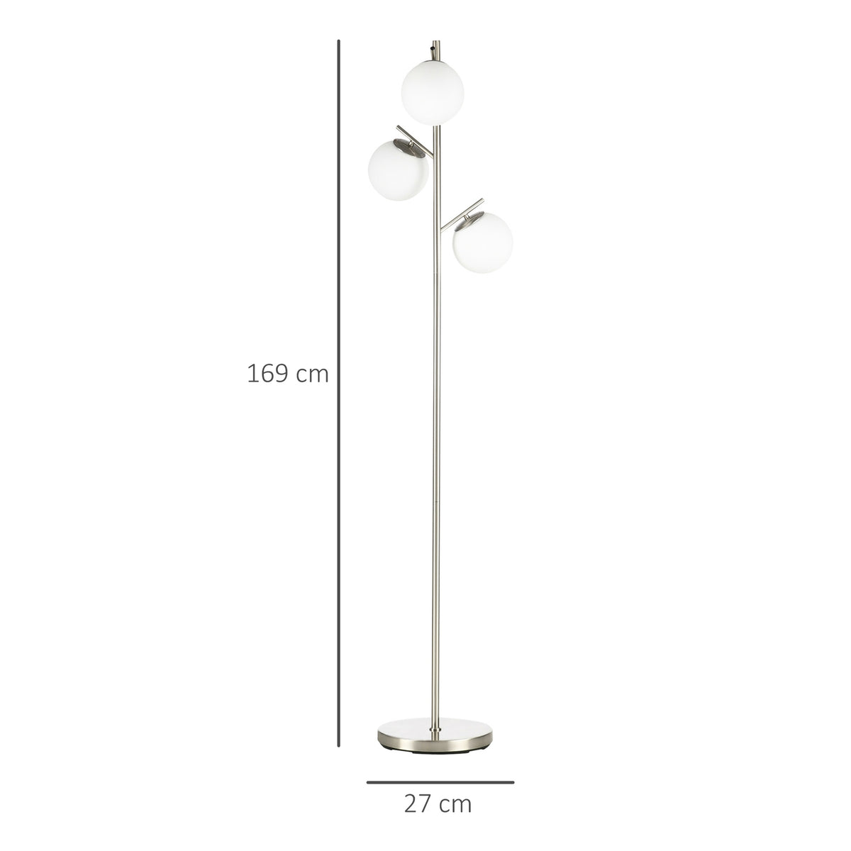 Floor lamp 40W floor lamp with E27 socket & 3 glass lampshades, silver + white, for living room, 169 cm