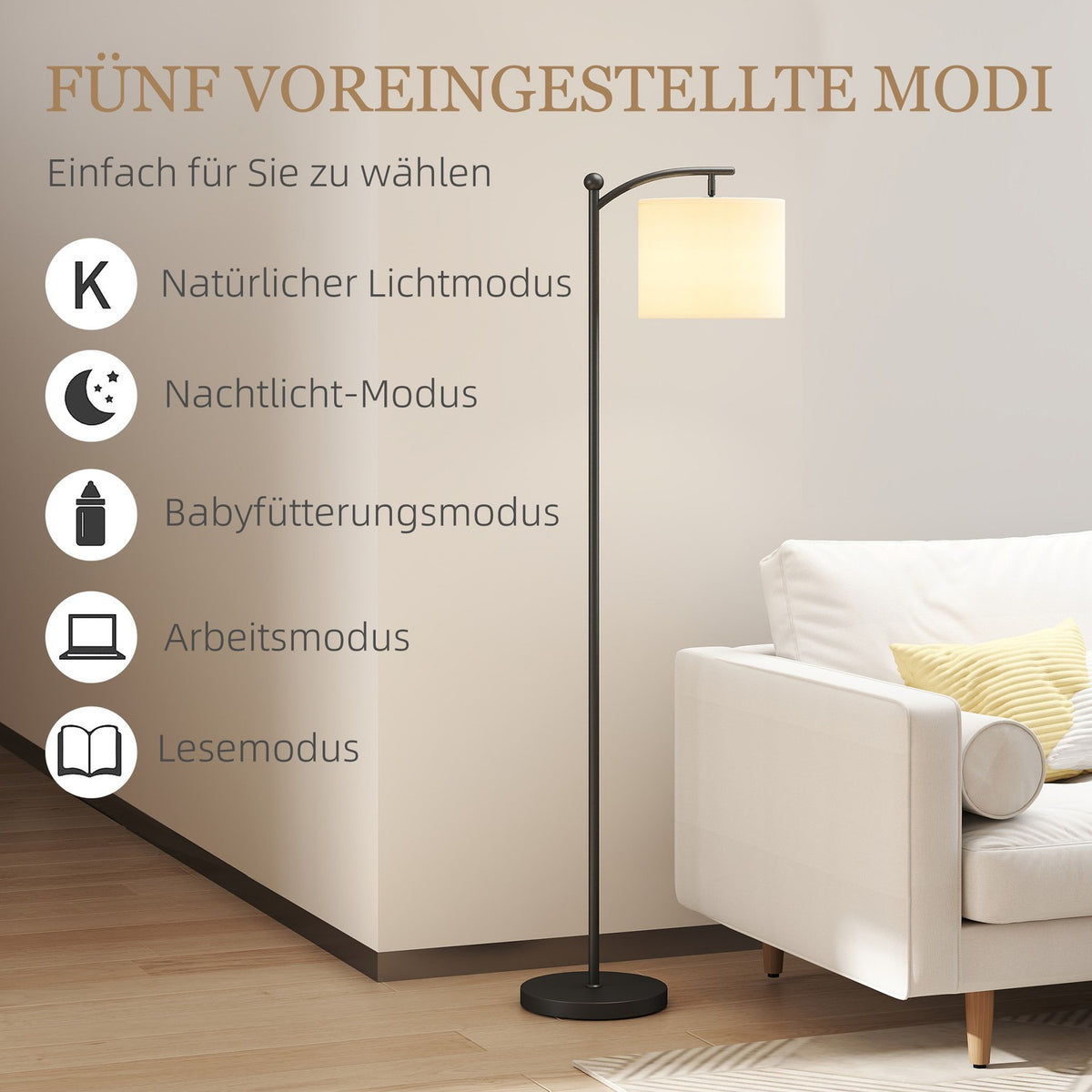Floor lamp, adjustable light options, foot switch, remote control, metal, black