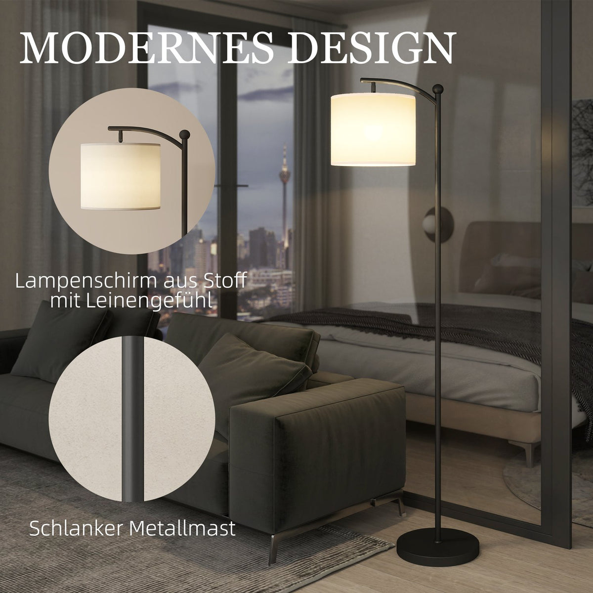 Floor lamp, adjustable light options, foot switch, remote control, metal, black