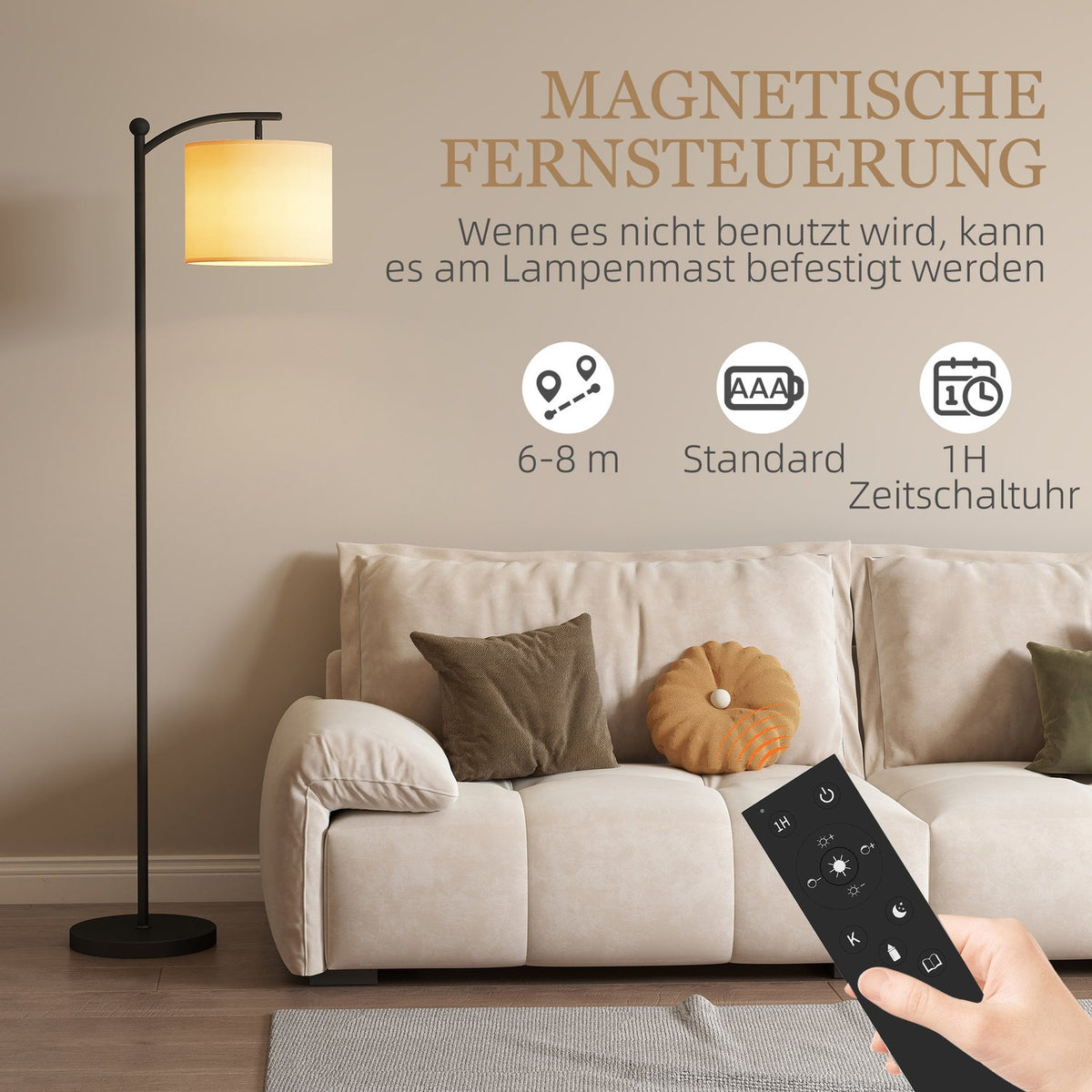 Floor lamp, adjustable light options, foot switch, remote control, metal, black