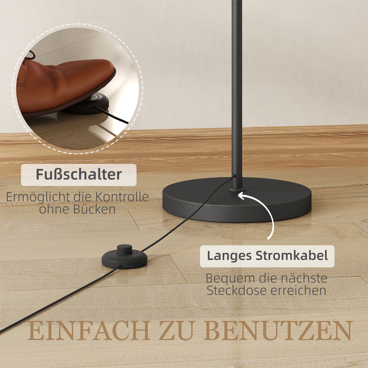 Floor lamp, adjustable light options, foot switch, remote control, metal, black