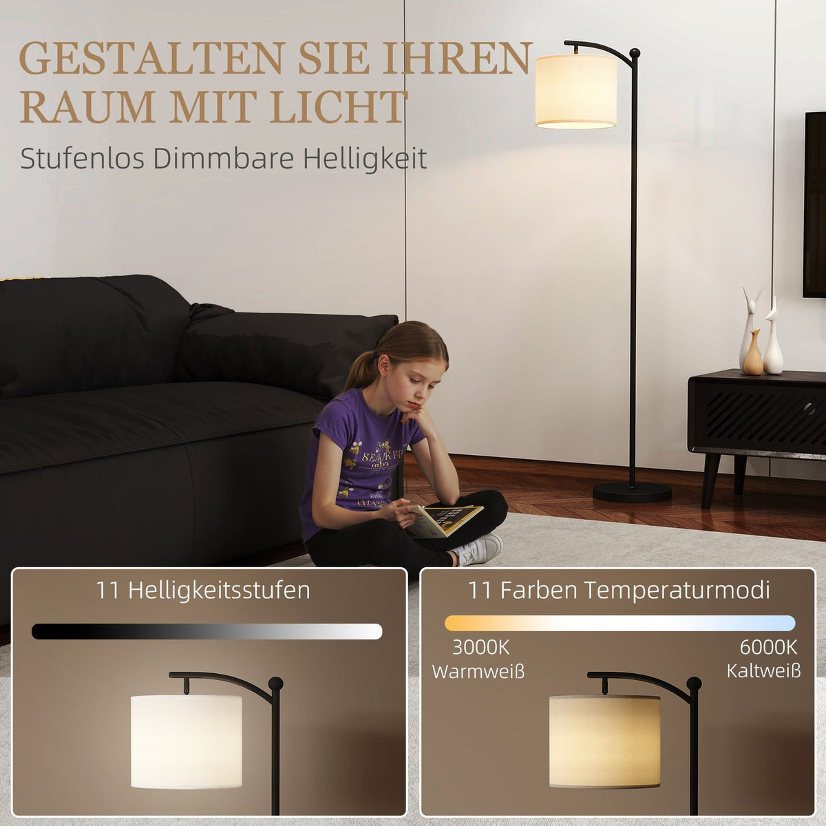 Floor lamp, adjustable light options, foot switch, remote control, metal, black