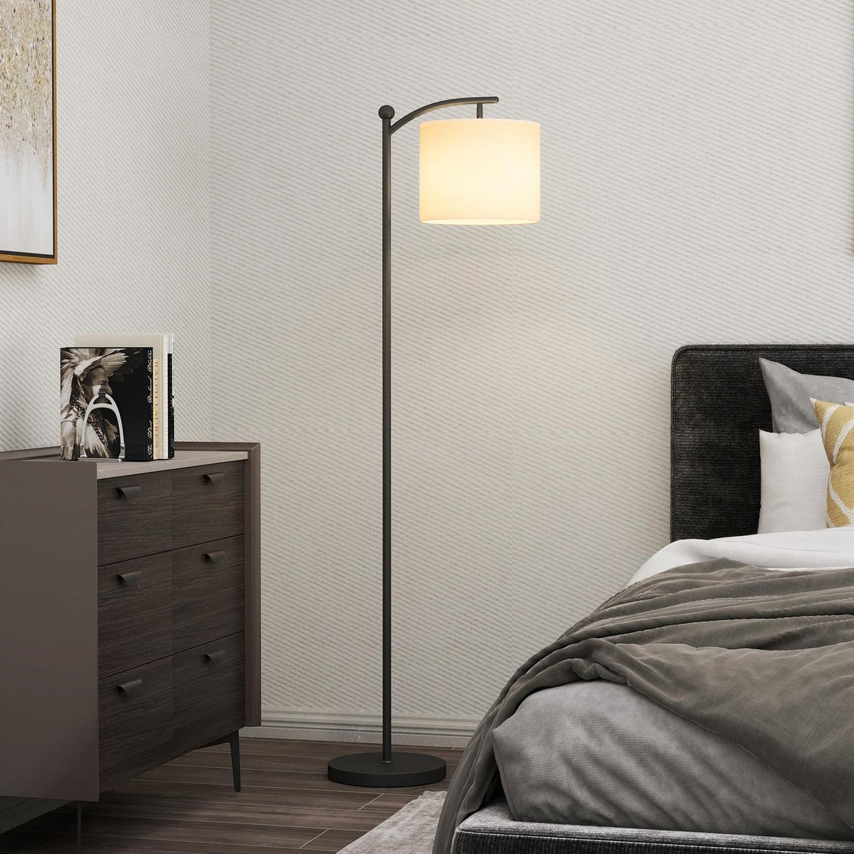 Floor lamp, adjustable light options, foot switch, remote control, metal, black