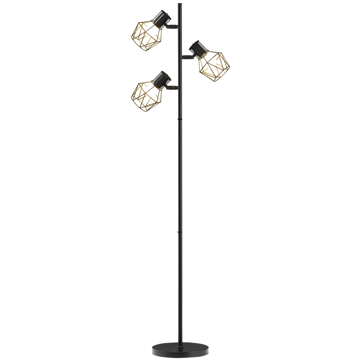 Floor lamp, floor lamp with 3 E27 sockets, 40 W floor lamp with 3 adjustable flames, for living room, height 169 cm, metal, excluding light bulb, black
