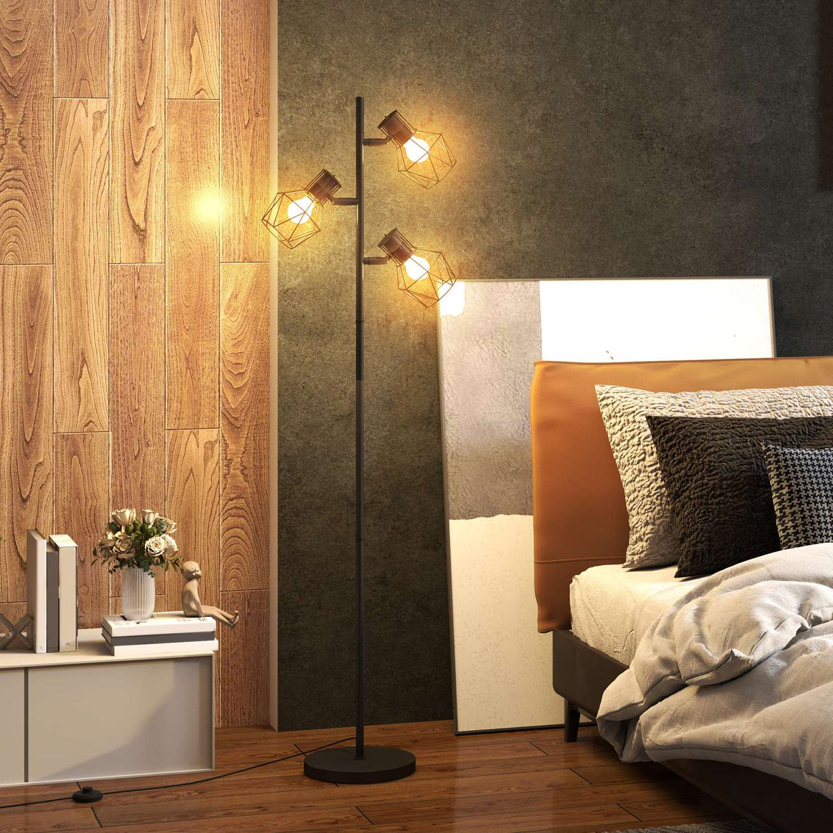 Floor lamp, floor lamp with 3 E27 sockets, 40 W floor lamp with 3 adjustable flames, for living room, height 169 cm, metal, excluding light bulb, black