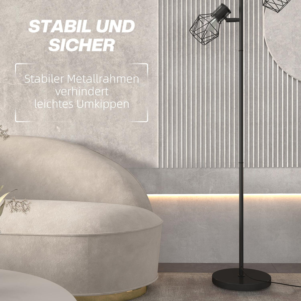 Floor lamp, floor lamp with 3 E27 sockets, 40 W floor lamp with 3 adjustable flames, for living room, height 169 cm, metal, excluding light bulb, black