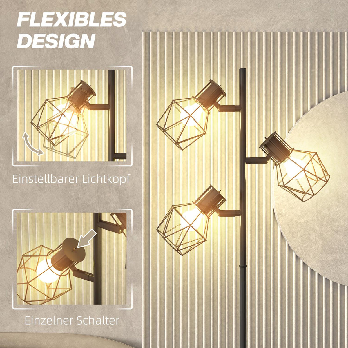 Floor lamp, floor lamp with 3 E27 sockets, 40 W floor lamp with 3 adjustable flames, for living room, height 169 cm, metal, excluding light bulb, black