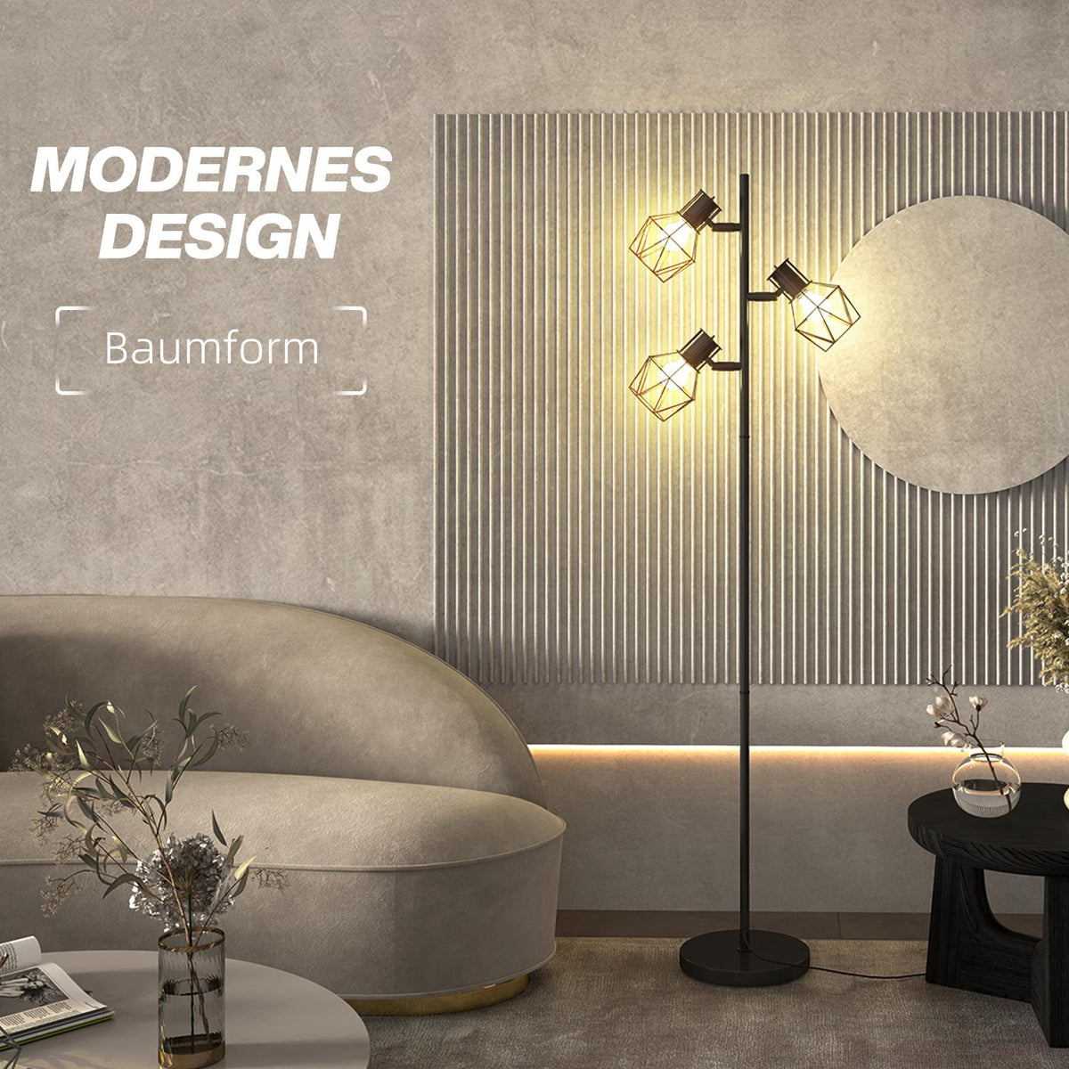 Floor lamp, floor lamp with 3 E27 sockets, 40 W floor lamp with 3 adjustable flames, for living room, height 169 cm, metal, excluding light bulb, black