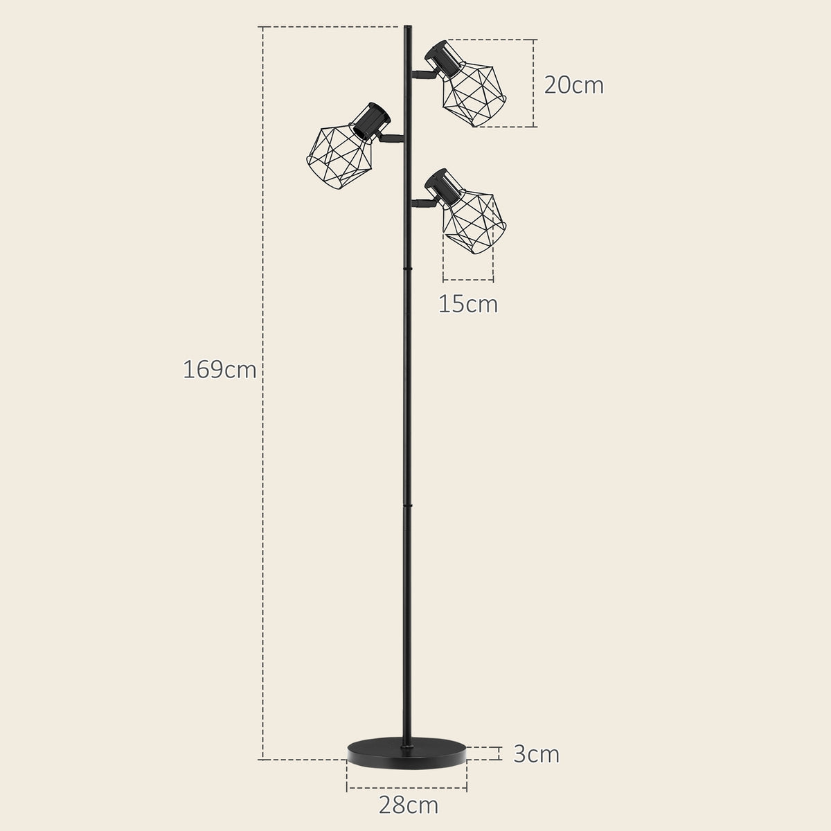 Floor lamp, floor lamp with 3 E27 sockets, 40 W floor lamp with 3 adjustable flames, for living room, height 169 cm, metal, excluding light bulb, black