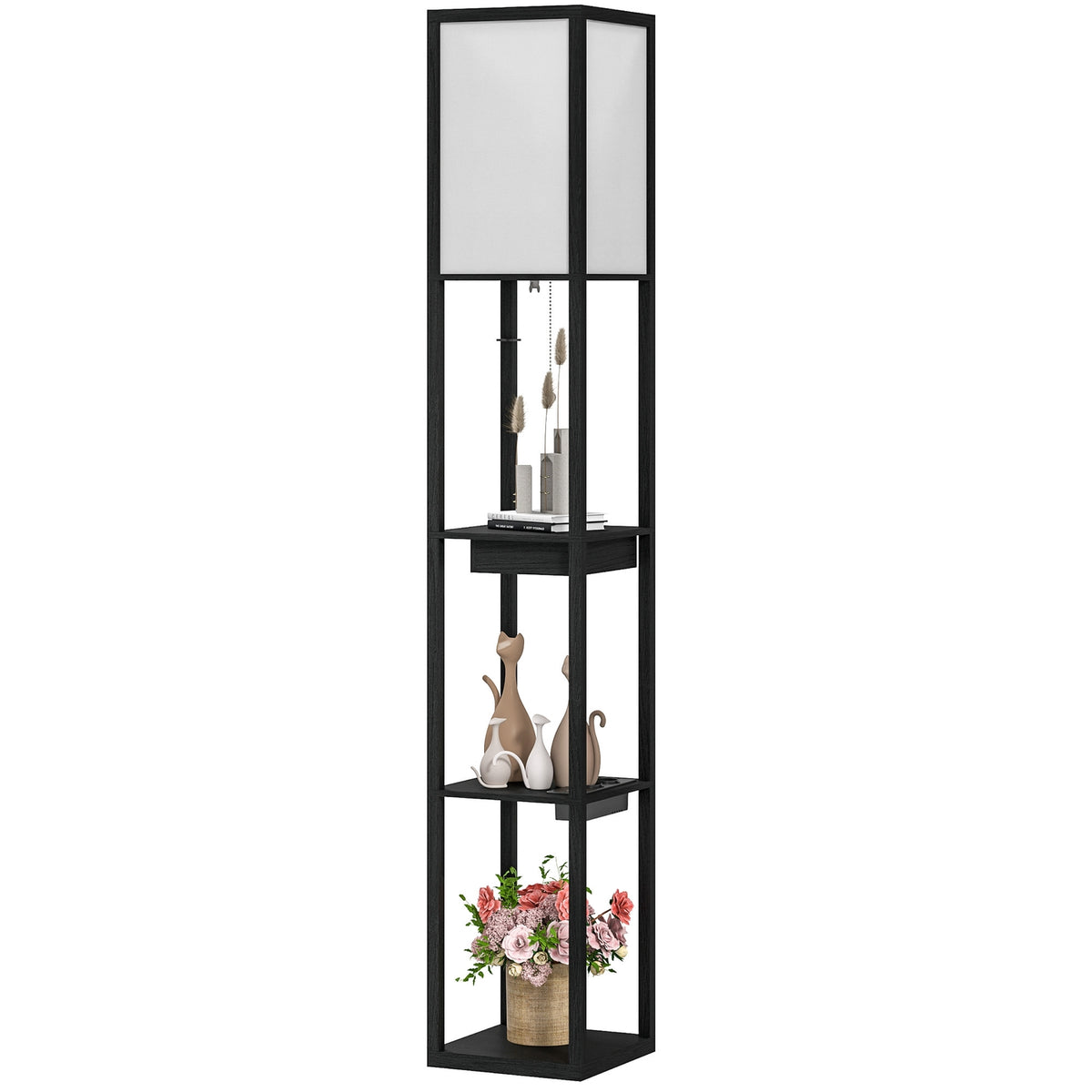 Floor lamp, floor lamp with 3 compartments, E27 base, floor lamp with fabric lampshade, USB-A, USB-C ports for living room, white + black, excl. light bulb |