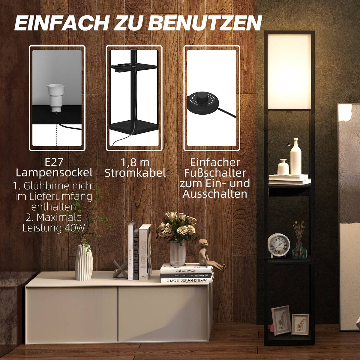 Floor lamp, floor lamp with 3 compartments, E27 base, floor lamp with fabric lampshade, USB-A, USB-C ports for living room, white + black, excl. light bulb |
