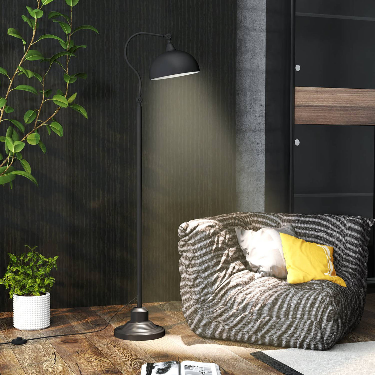 Floor lamp, floor lamp with E27 socket, adjustable lampshade, 40 W, arc lamp in retro design, stable stand, metal, 42 x 25.5 x 152 cm, black