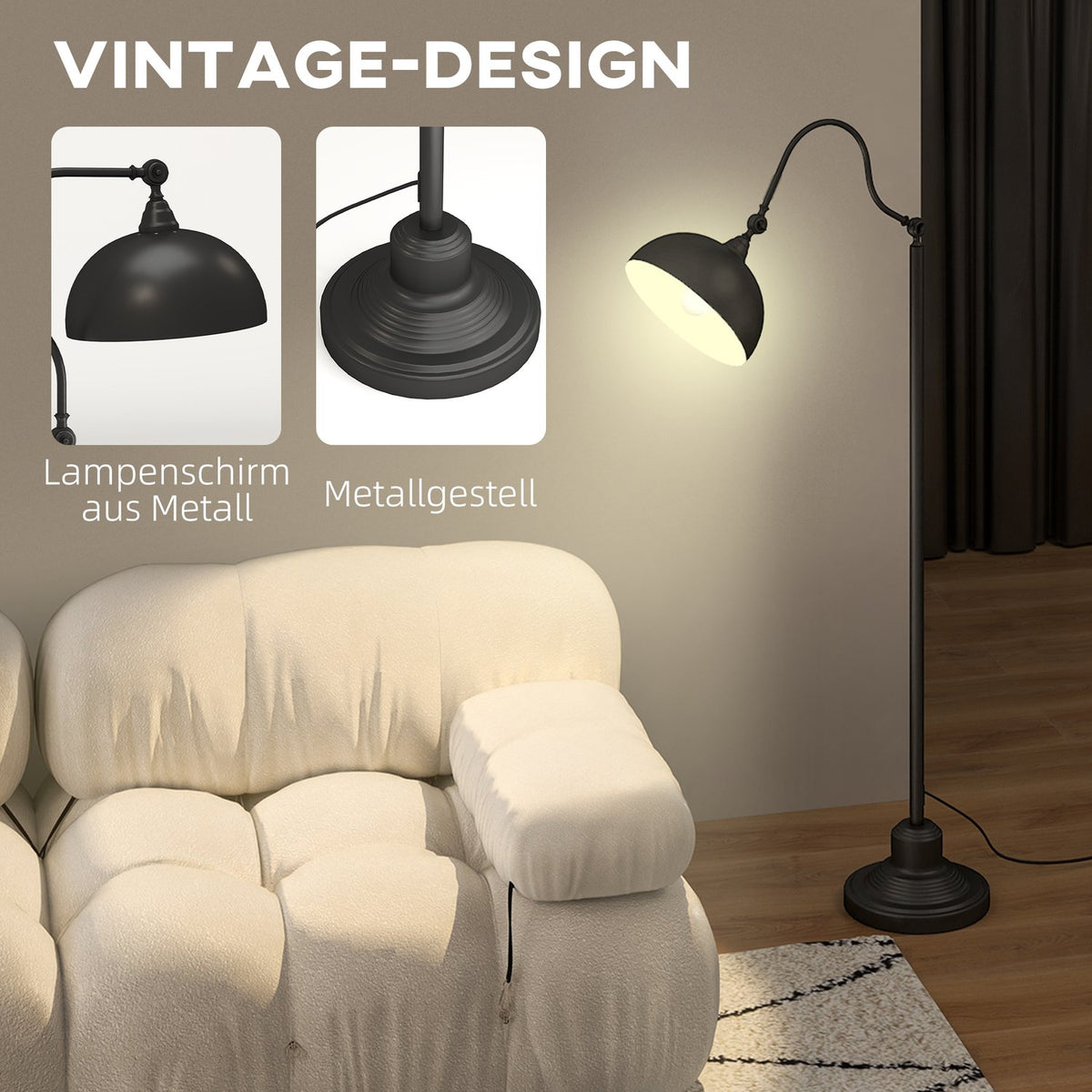 Floor lamp, floor lamp with E27 socket, adjustable lampshade, 40 W, arc lamp in retro design, stable stand, metal, 42 x 25.5 x 152 cm, black