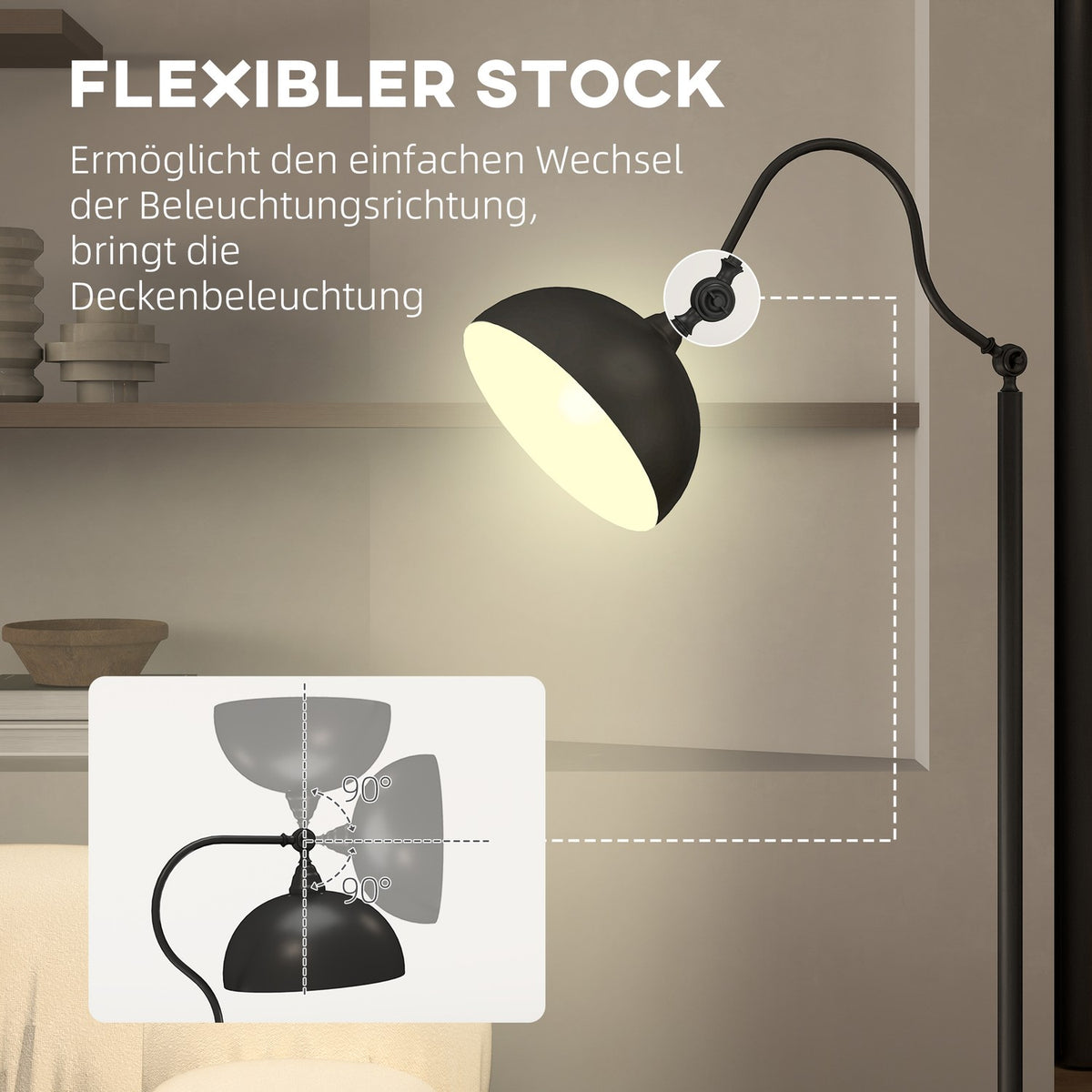 Floor lamp, floor lamp with E27 socket, adjustable lampshade, 40 W, arc lamp in retro design, stable stand, metal, 42 x 25.5 x 152 cm, black