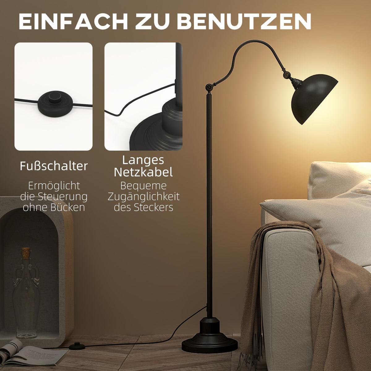 Floor lamp, floor lamp with E27 socket, adjustable lampshade, 40 W, arc lamp in retro design, stable stand, metal, 42 x 25.5 x 152 cm, black