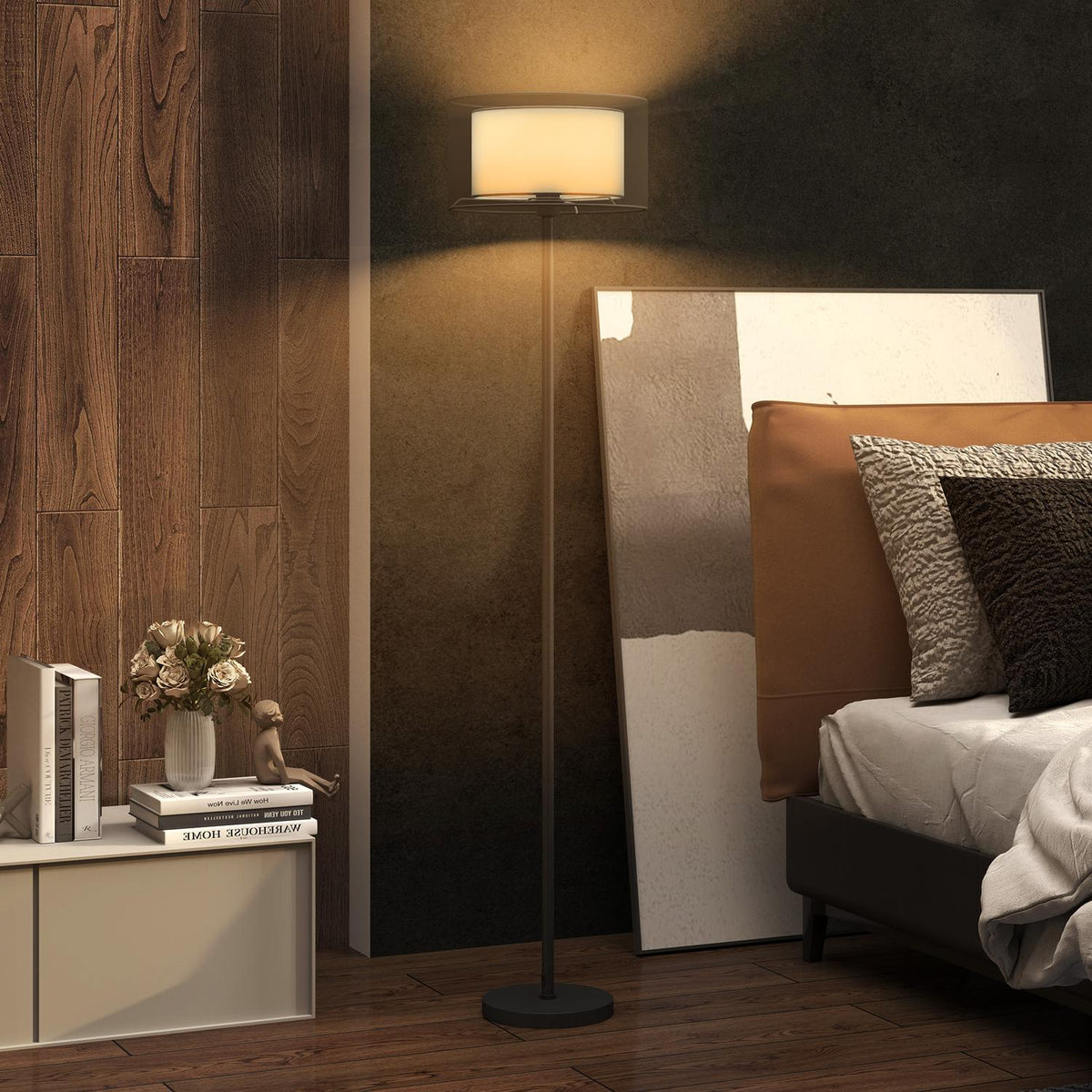 Floor lamp, floor lamp with E27 socket, two-tone fabric lampshade, floor lamp with foot switch, floor lamp for living room, bedroom, excluding bulb, black |