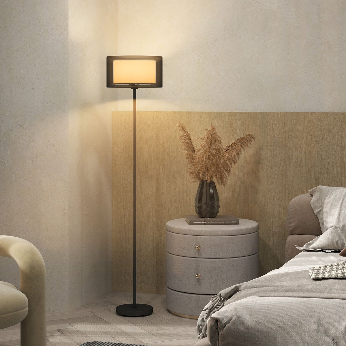 Floor lamp, floor lamp with E27 socket, two-tone fabric lampshade, floor lamp with foot switch, floor lamp for living room, bedroom, excluding bulb, black |