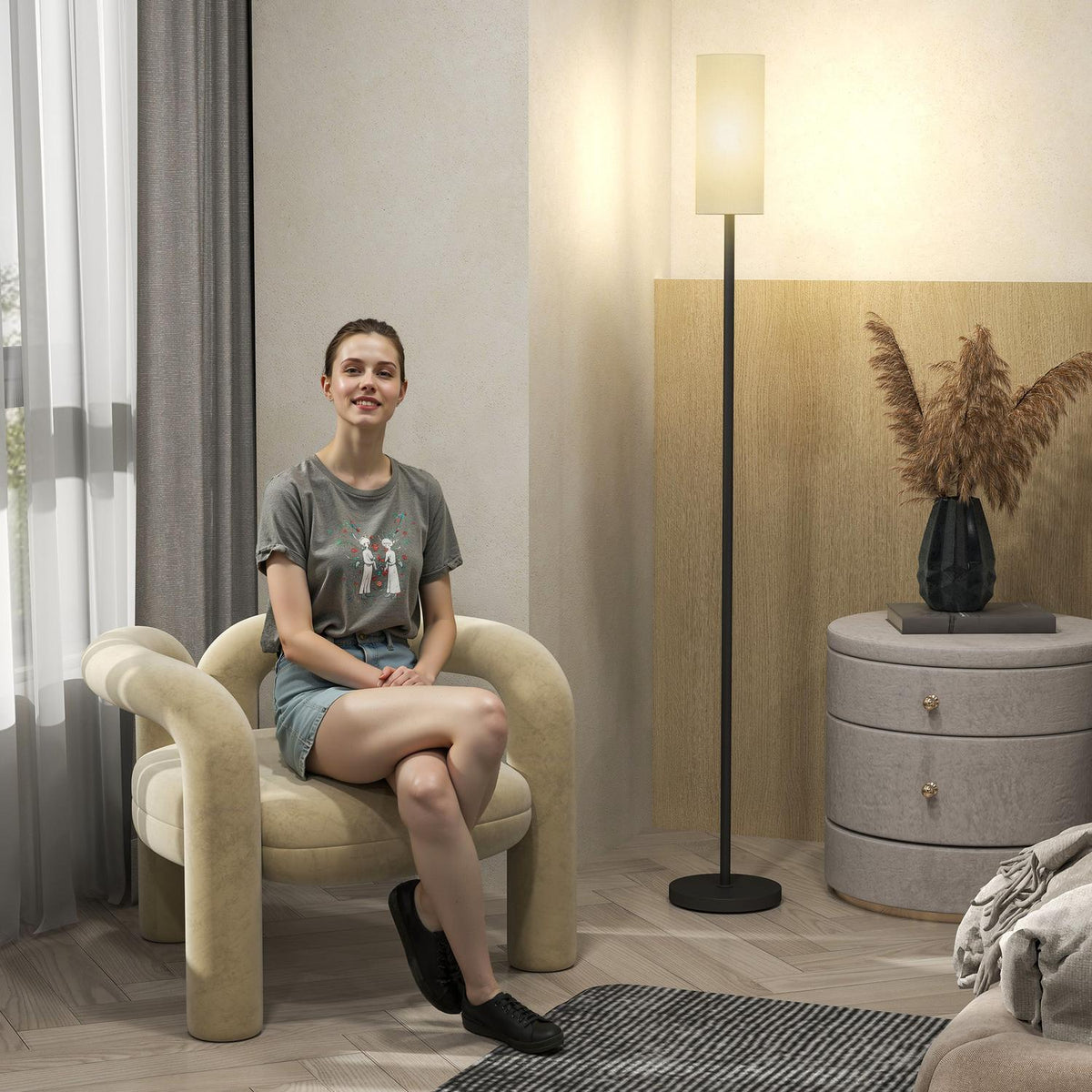 Floor lamp, floor lamp with fabric lampshade, E27 socket, floor lamp floor lamp with foot switch for living room, bedroom, excl. bulb, white |