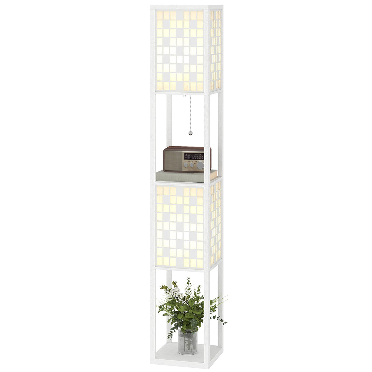 Floor lamp, grid pattern, 2-tier shelves, for various light bulbs, white