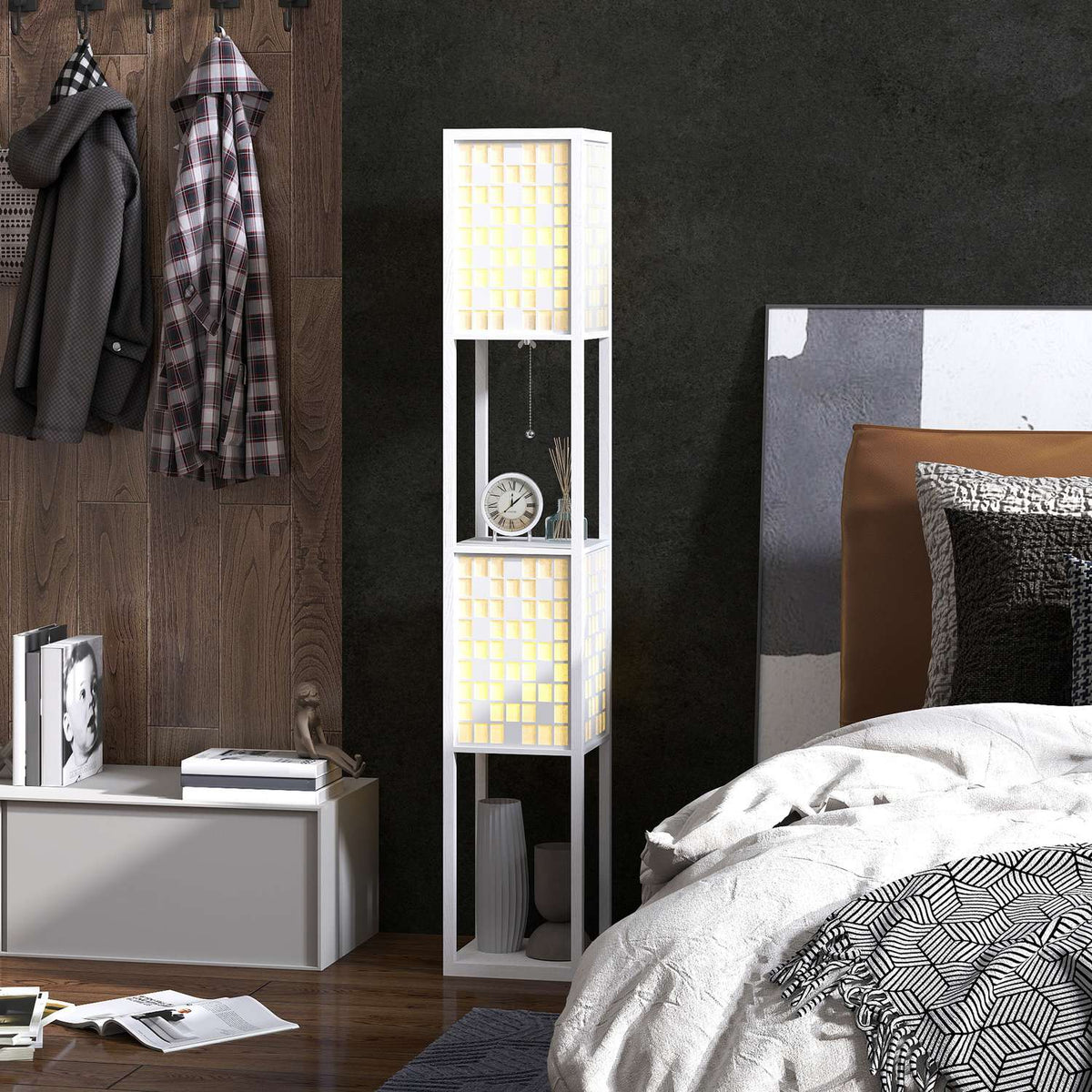 Floor lamp, grid pattern, 2-tier shelves, for various light bulbs, white