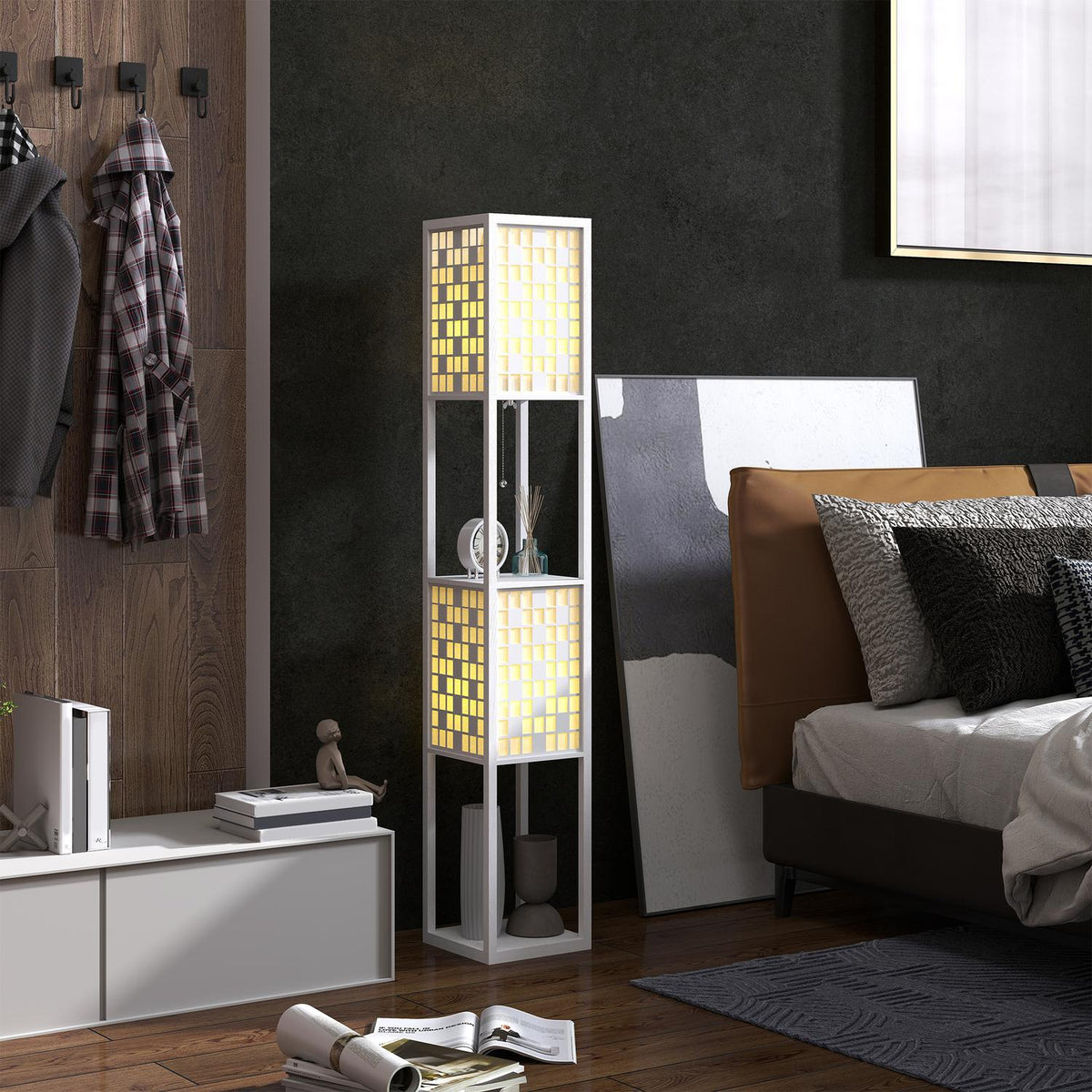 Floor lamp, grid pattern, 2-tier shelves, for various light bulbs, white