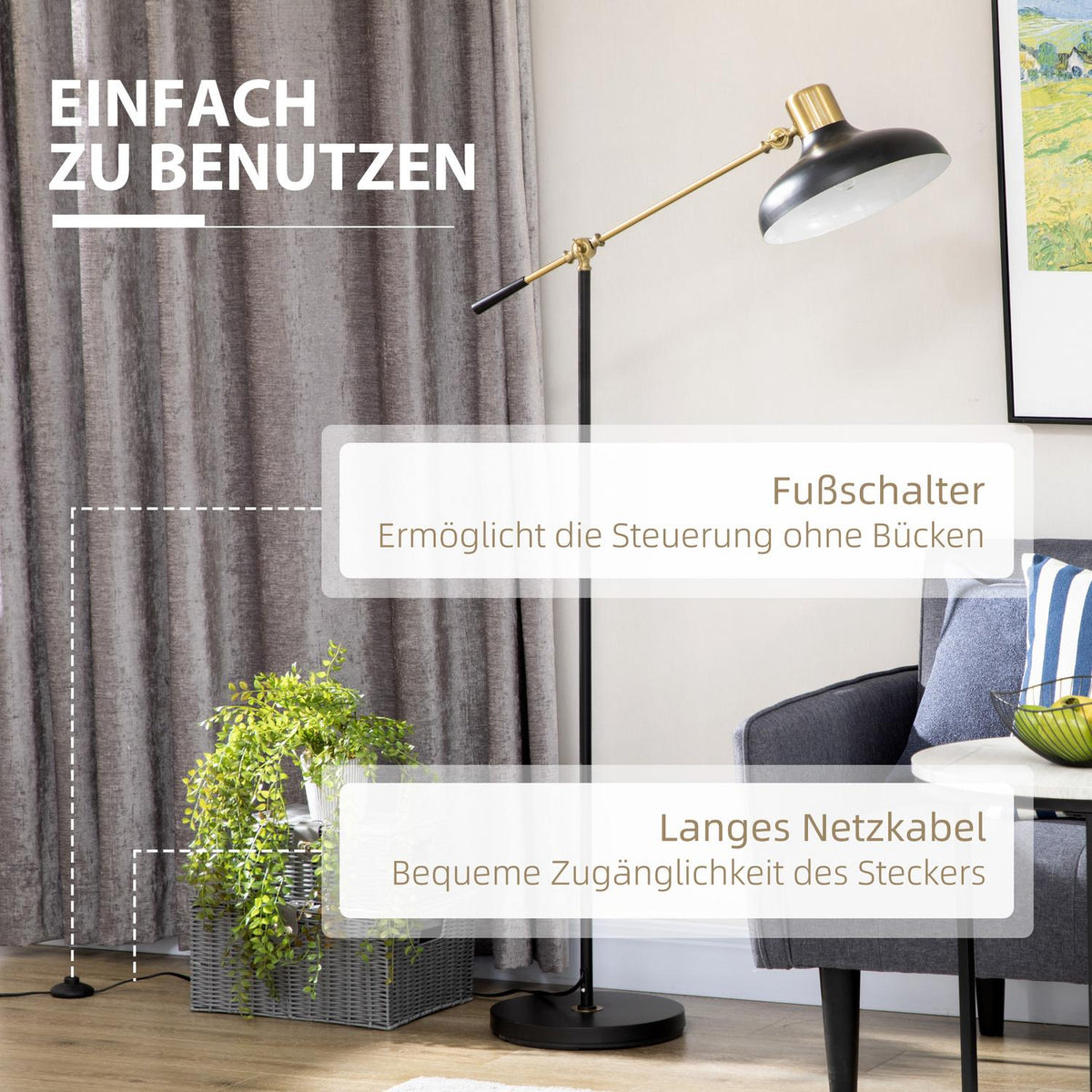 Floor lamp, height-adjustable floor lamp, 40 W swiveling floor lamp, arc lamp, reading lamp with E27 base, for living room, black