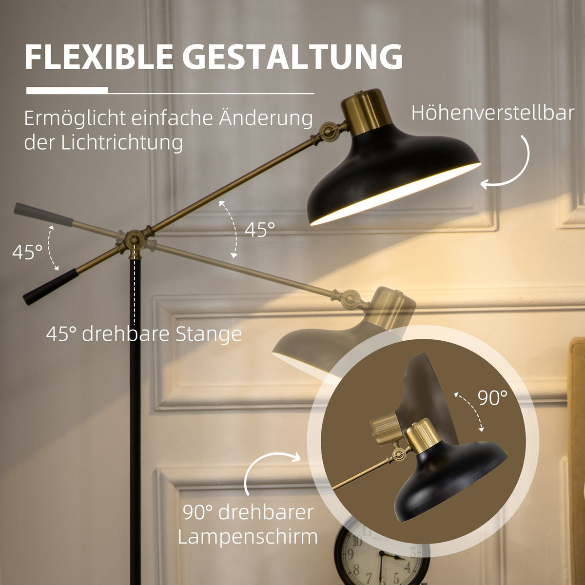 Floor lamp, height-adjustable floor lamp, 40 W swiveling floor lamp, arc lamp, reading lamp with E27 base, for living room, black