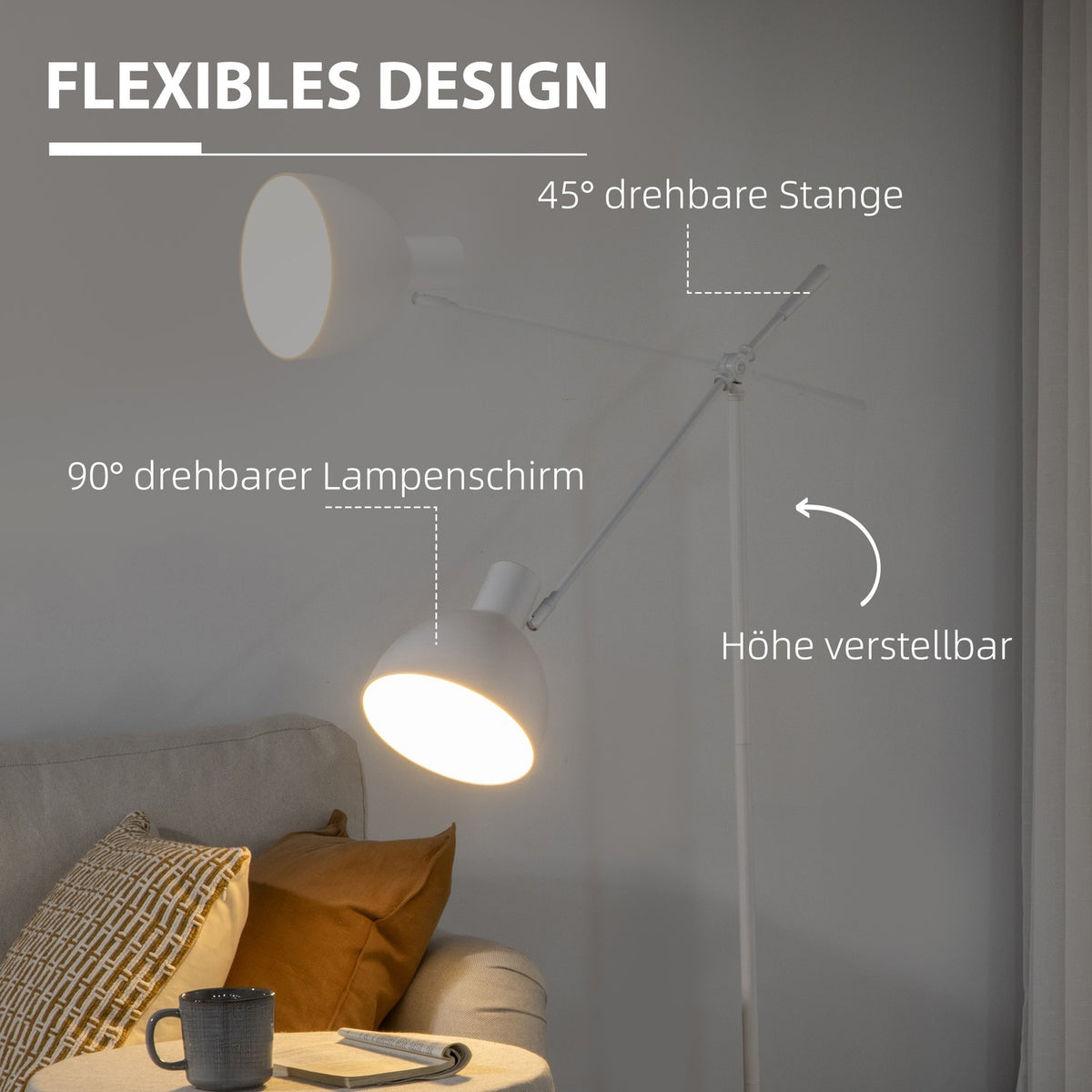 Floor lamp height-adjustable, swiveling floor lamp, 40 W floor lamp excl. bulb, reading lamp arc lamp with E27 base, for living room, bedroom, white