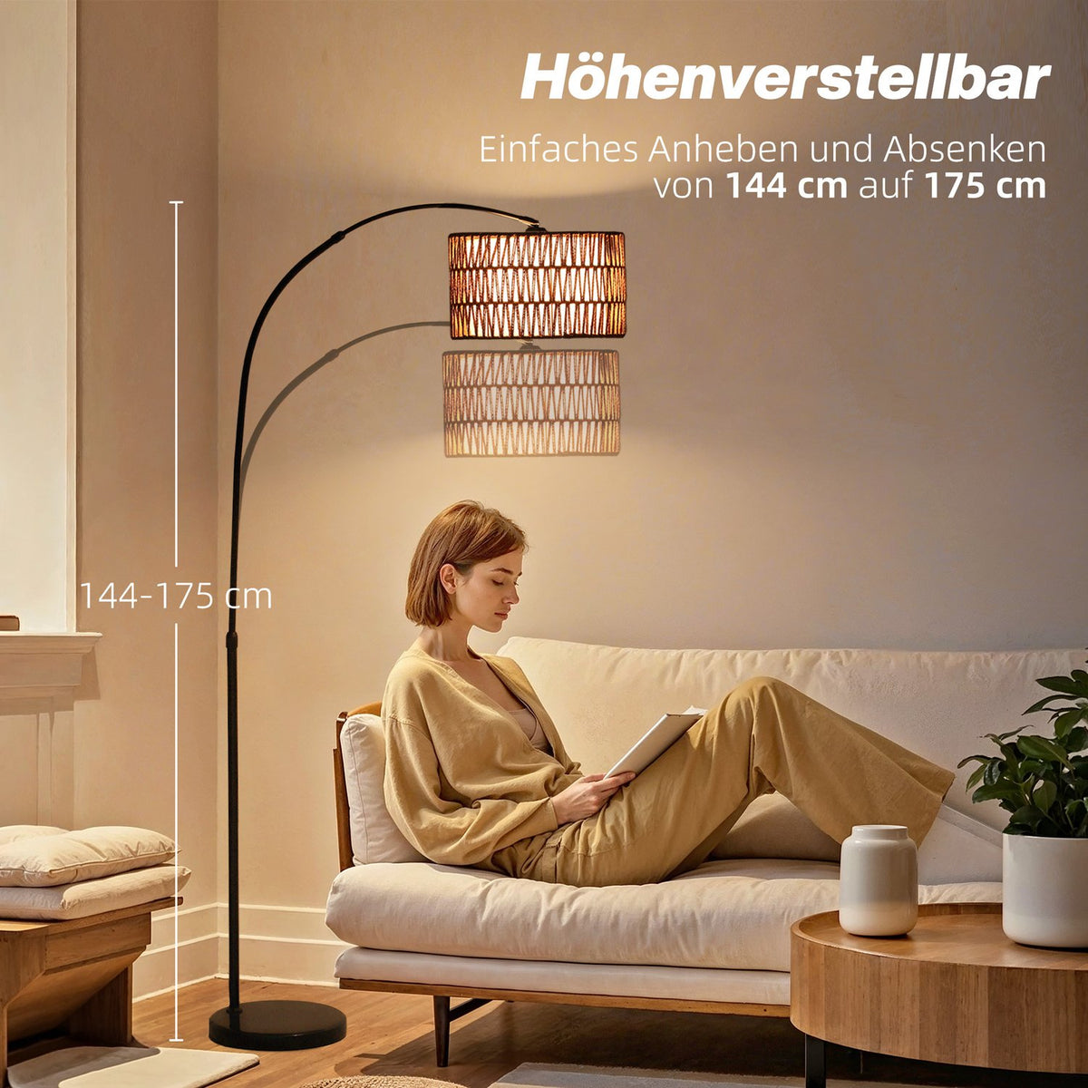 Floor lamp living room floor lamp with linen lampshade, floor lamp with E27 socket, foot switch, height adjustable arc lamp for bedroom, black, excl. light bulb |