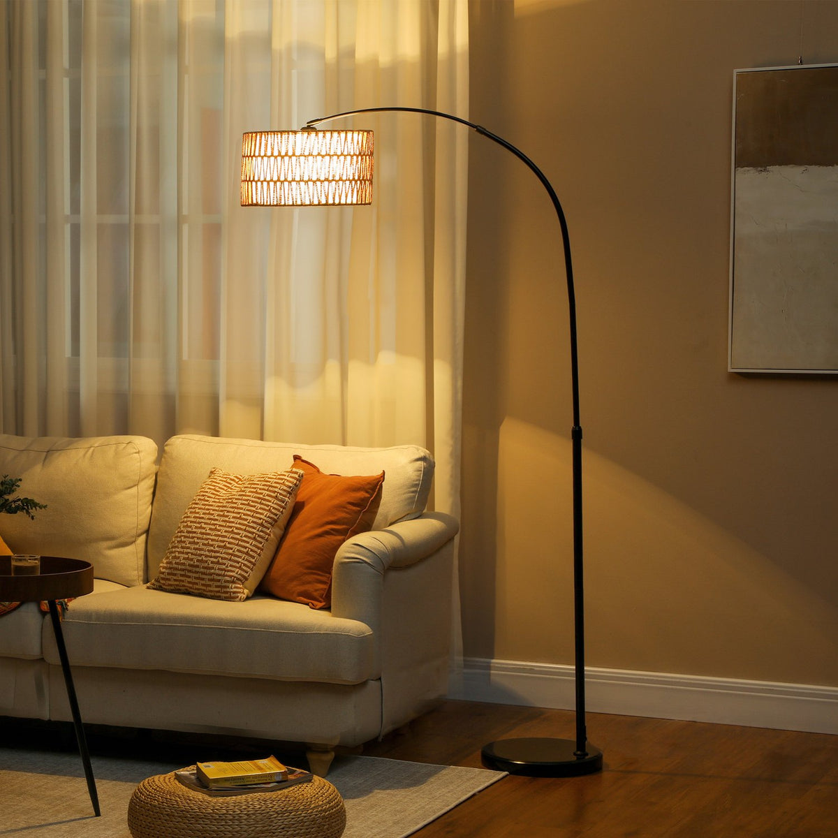 Floor lamp living room floor lamp with linen lampshade, floor lamp with E27 socket, foot switch, height adjustable arc lamp for bedroom, black, excl. light bulb |