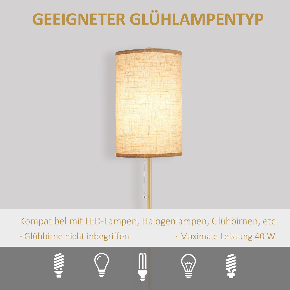 Floor lamp living room floor lamp with linen lampshade, pull chain switch, floor lamp with steel stand, E27 socket floor lamp for bedroom, cream white
