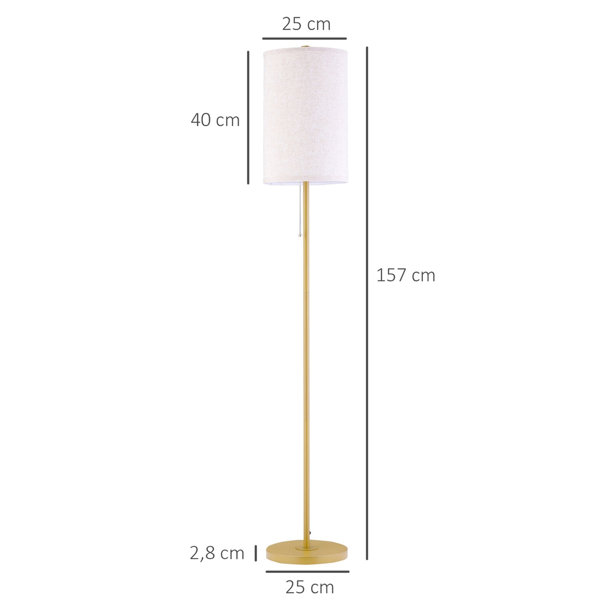Floor lamp living room floor lamp with linen lampshade, pull chain switch, floor lamp with steel stand, E27 socket floor lamp for bedroom, cream white