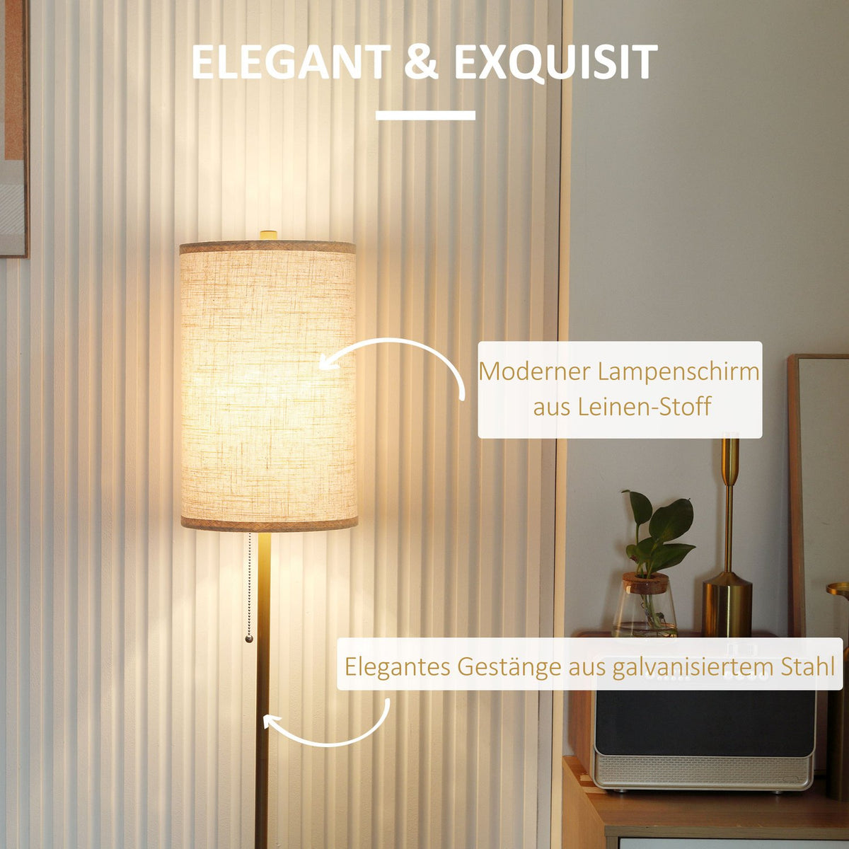 Floor lamp living room floor lamp with linen lampshade, pull chain switch, floor lamp with steel stand, E27 socket floor lamp for bedroom, cream white